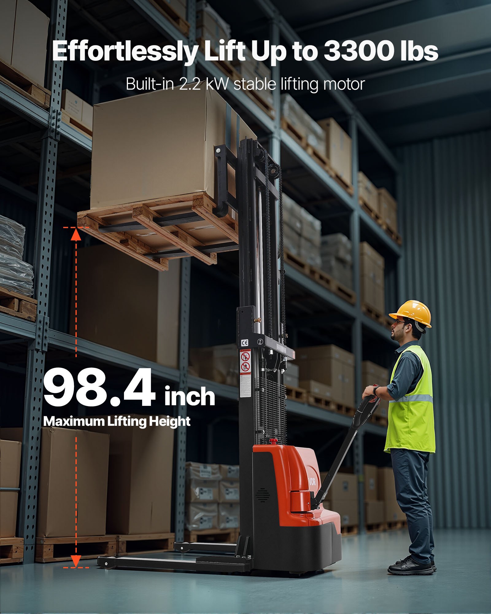 VEVOR Full Electric Pallet Stacker, 3300 lbs Capacity, Pallet Lift Stacker Forklift with Straddle Legs & Forks, 96.06 Inches Lifting Height & 8.66-31.1 Inches Adjustable Fork Width, Orange & Black
