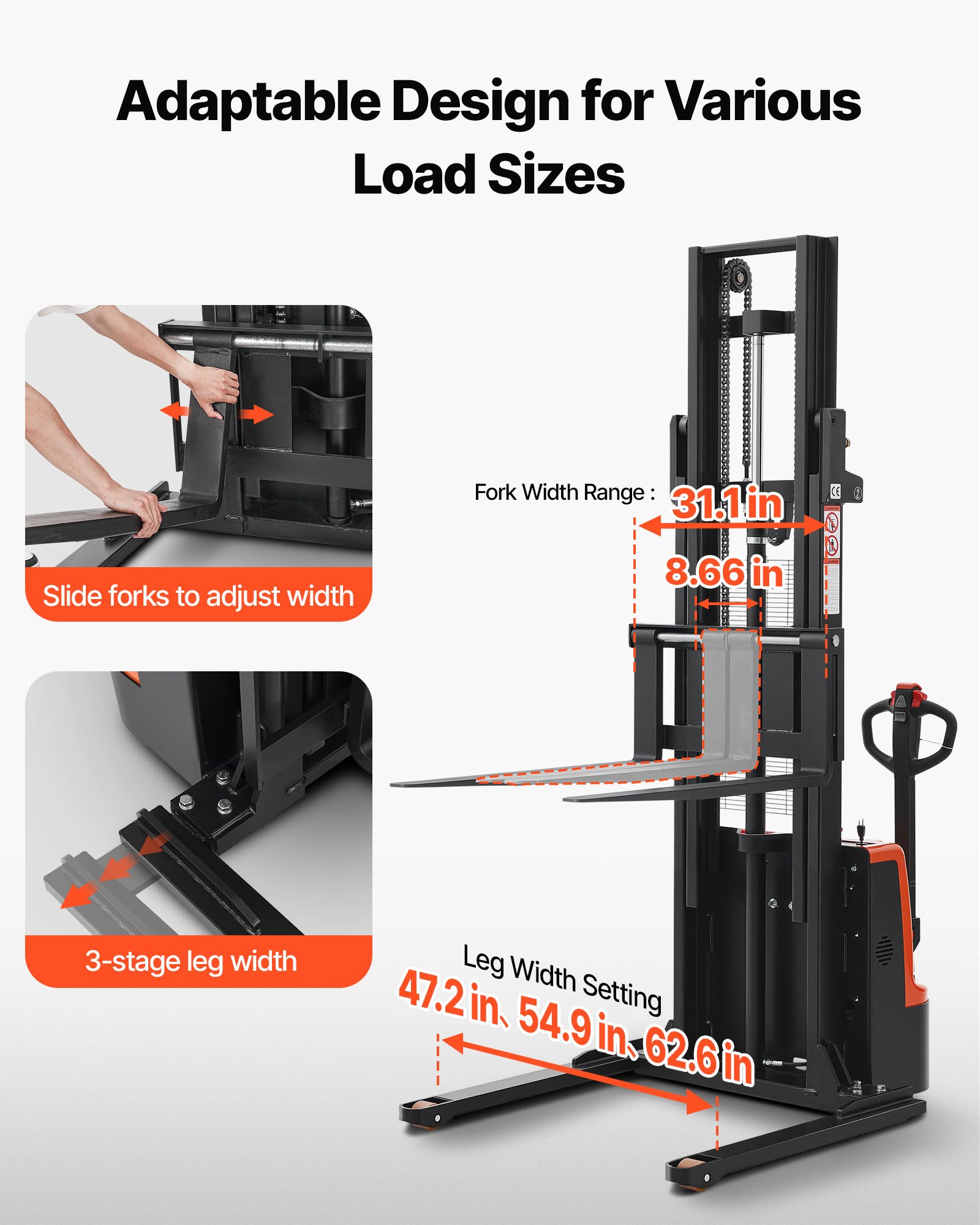 VEVOR Full Electric Pallet Stacker, 3300 lbs Capacity, Pallet Lift Stacker Forklift with Straddle Legs & Forks, 96.06 Inches Lifting Height & 8.66-31.1 Inches Adjustable Fork Width, Orange & Black