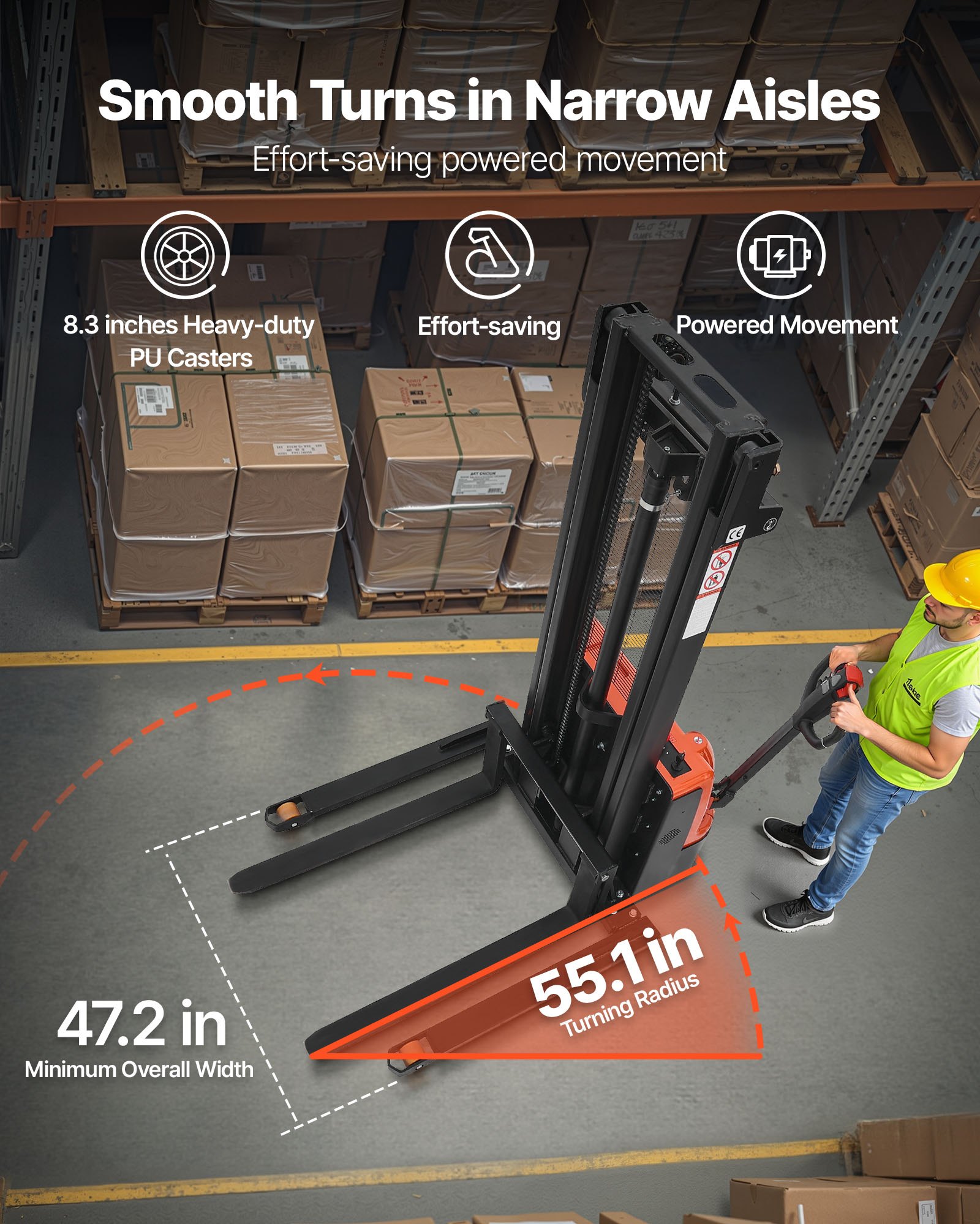 VEVOR Full Electric Pallet Stacker, 3300 lbs Capacity, Pallet Lift Stacker Forklift with Straddle Legs & Forks, 96.06 Inches Lifting Height & 8.66-31.1 Inches Adjustable Fork Width, Orange & Black