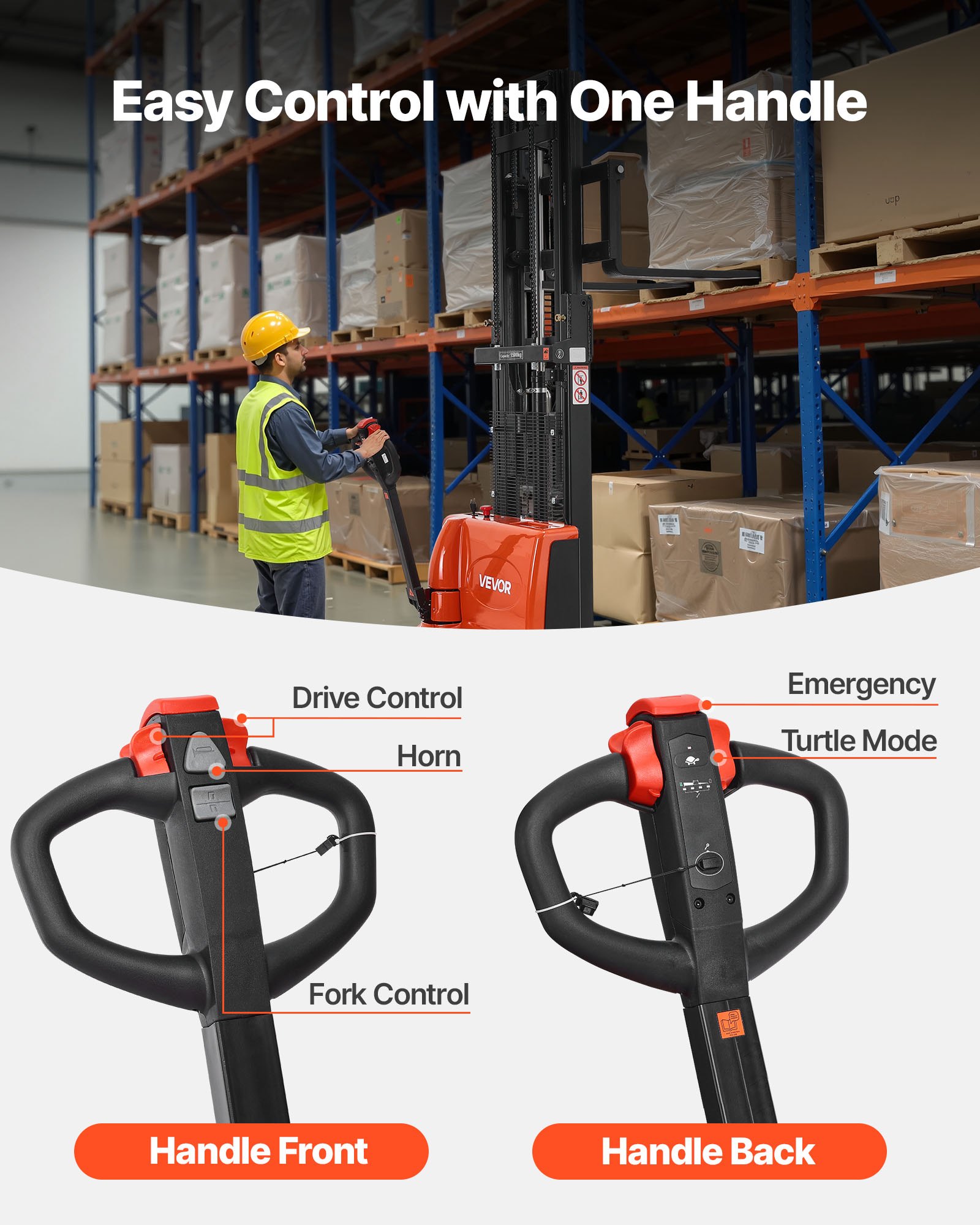 VEVOR Full Electric Pallet Stacker, 3300 lbs Capacity, Pallet Lift Stacker Forklift with Straddle Legs & Forks, 96.06 Inches Lifting Height & 8.66-31.1 Inches Adjustable Fork Width, Orange & Black