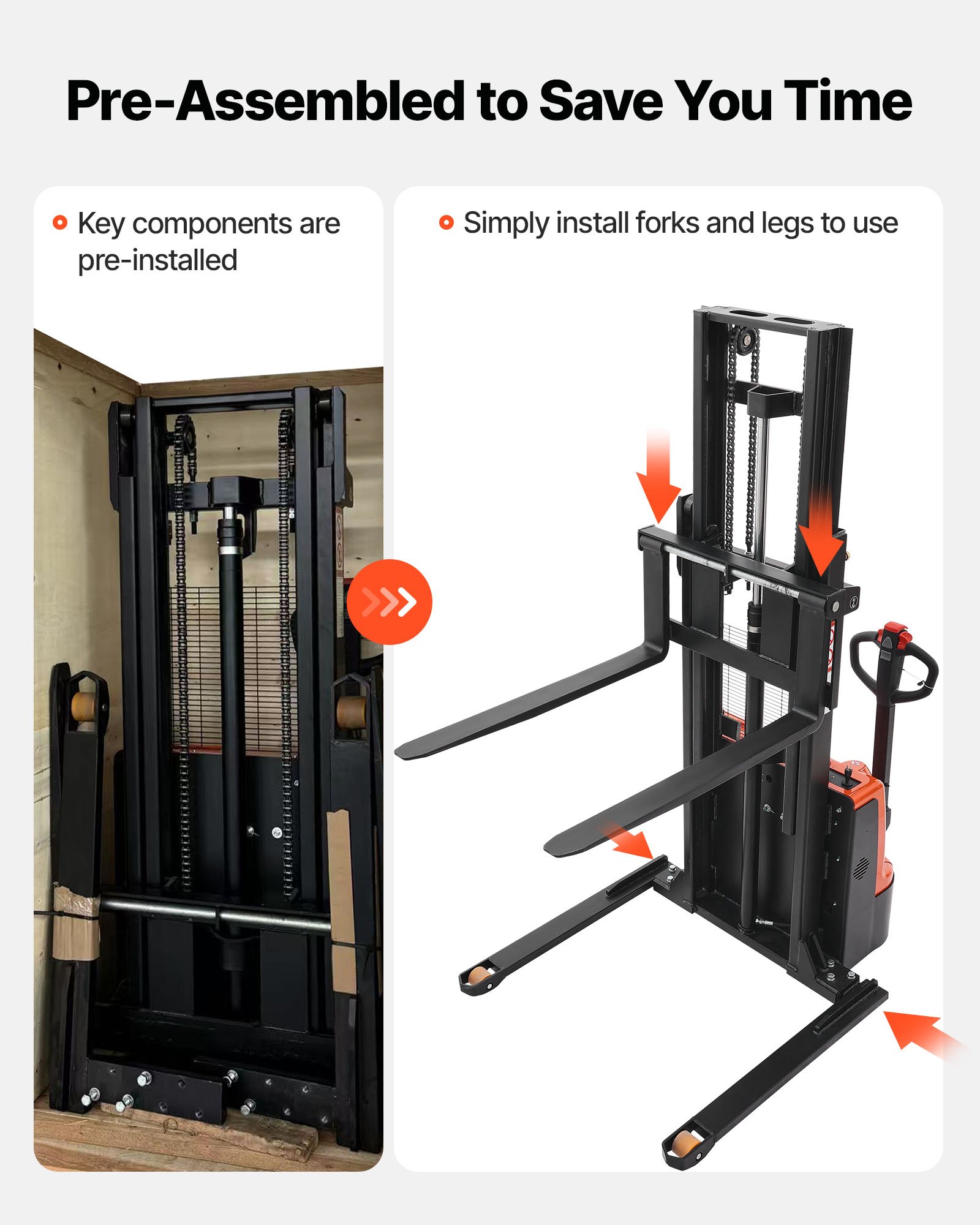 VEVOR Full Electric Pallet Stacker, 3300 lbs Capacity, Pallet Lift Stacker Forklift with Straddle Legs & Forks, 96.06 Inches Lifting Height & 8.66-31.1 Inches Adjustable Fork Width, Orange & Black
