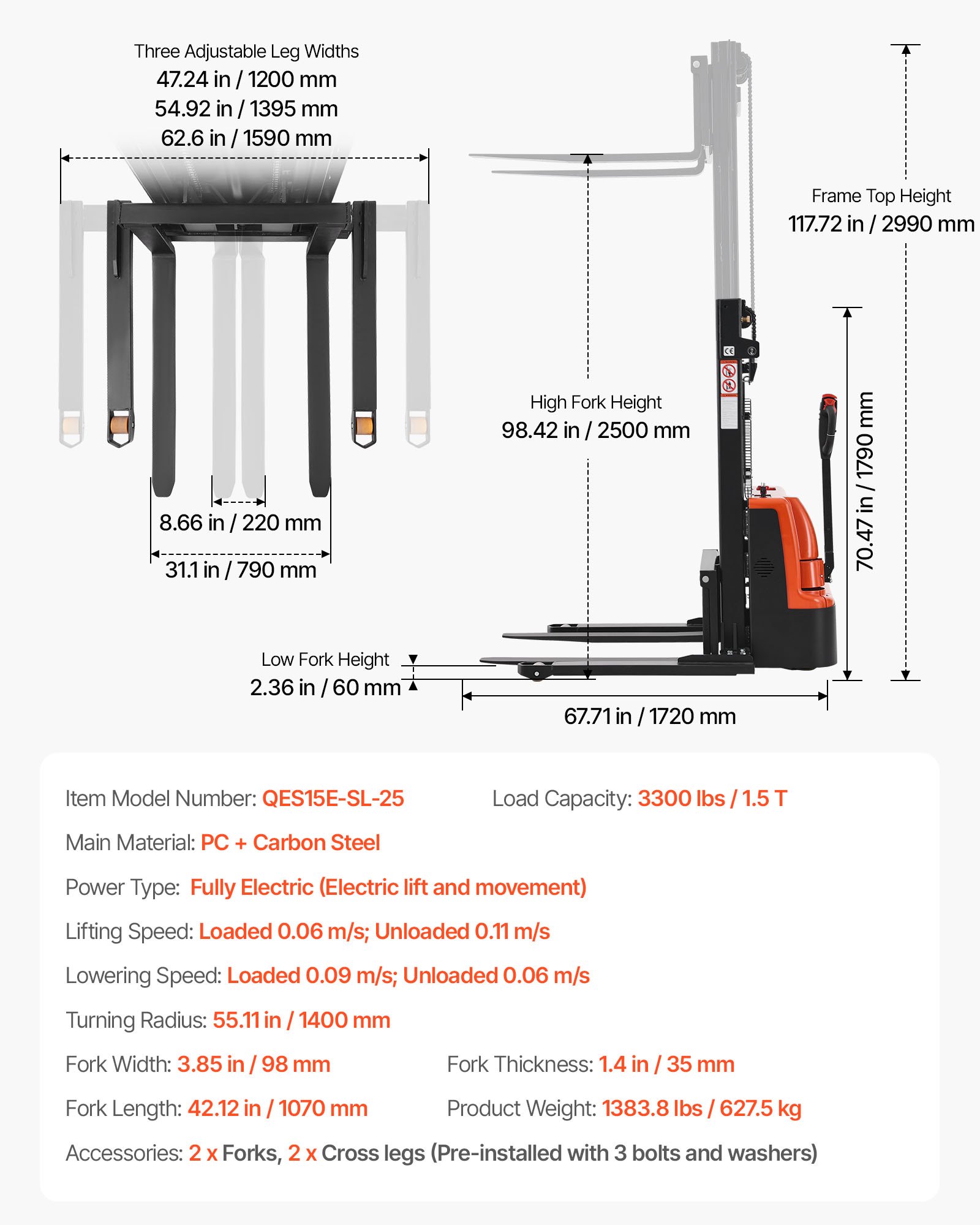VEVOR Full Electric Pallet Stacker, 3300 lbs Capacity, Pallet Lift Stacker Forklift with Straddle Legs & Forks, 96.06 Inches Lifting Height & 8.66-31.1 Inches Adjustable Fork Width, Orange & Black