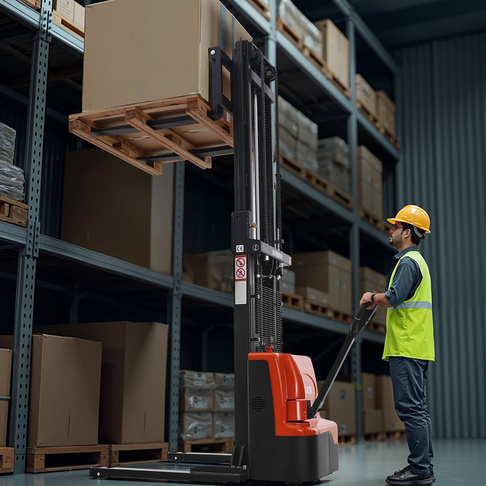 VEVOR Full Electric Pallet Stacker, 3300 lbs Capacity, Pallet Lift Stacker Forklift with Straddle Legs & Forks, 96.06 Inches Lifting Height & 8.66-31.1 Inches Adjustable Fork Width, Orange & Black
