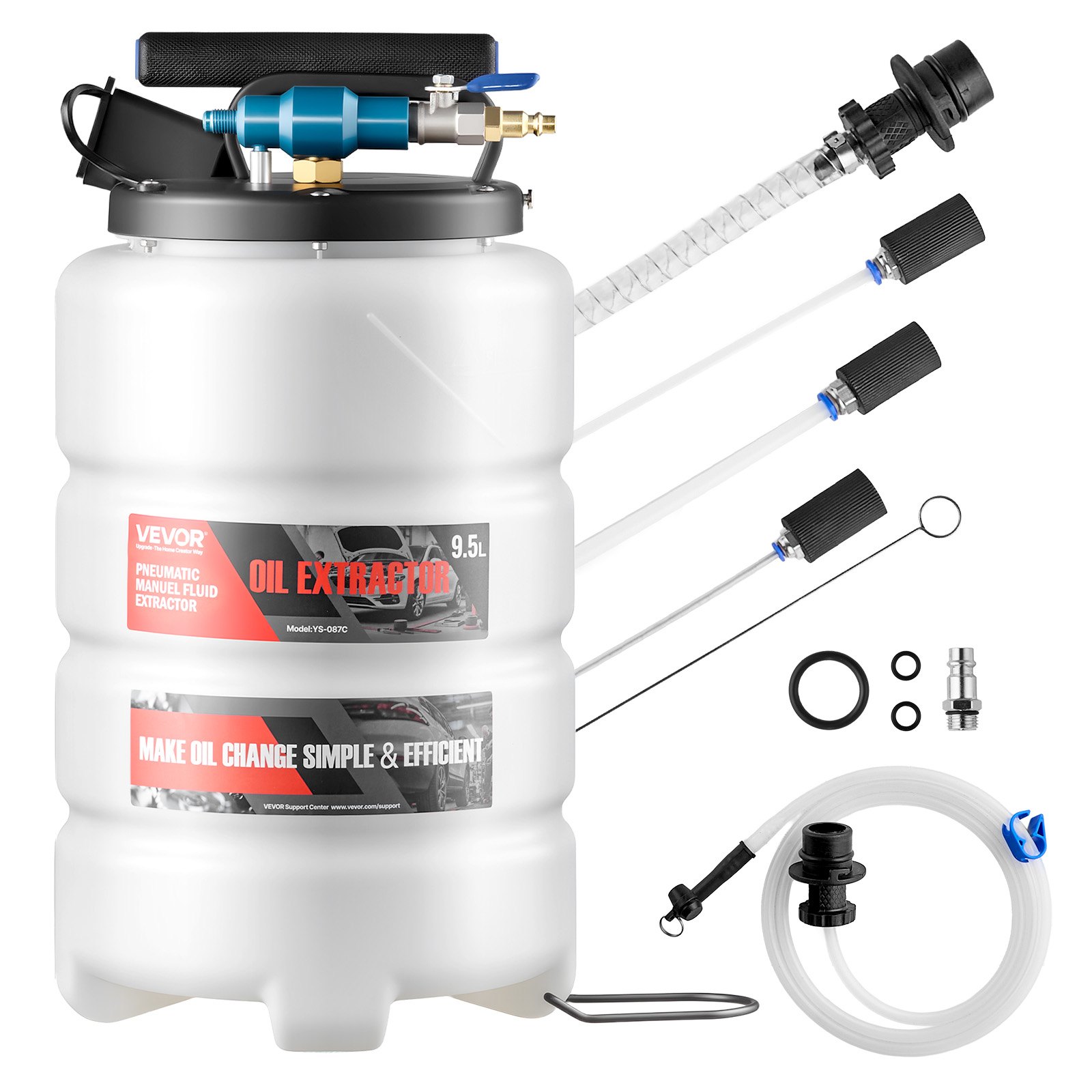 VEVOR Fluid Extractor, 9.5 L Capacity, Pneumatic/Manual Vacuum Fluid Extractor with 150 cm Long Horse & Three 120 cm Extension Tubes, Oil Change Pump with PE Tank for Cars, Lawn Mowers, Boats