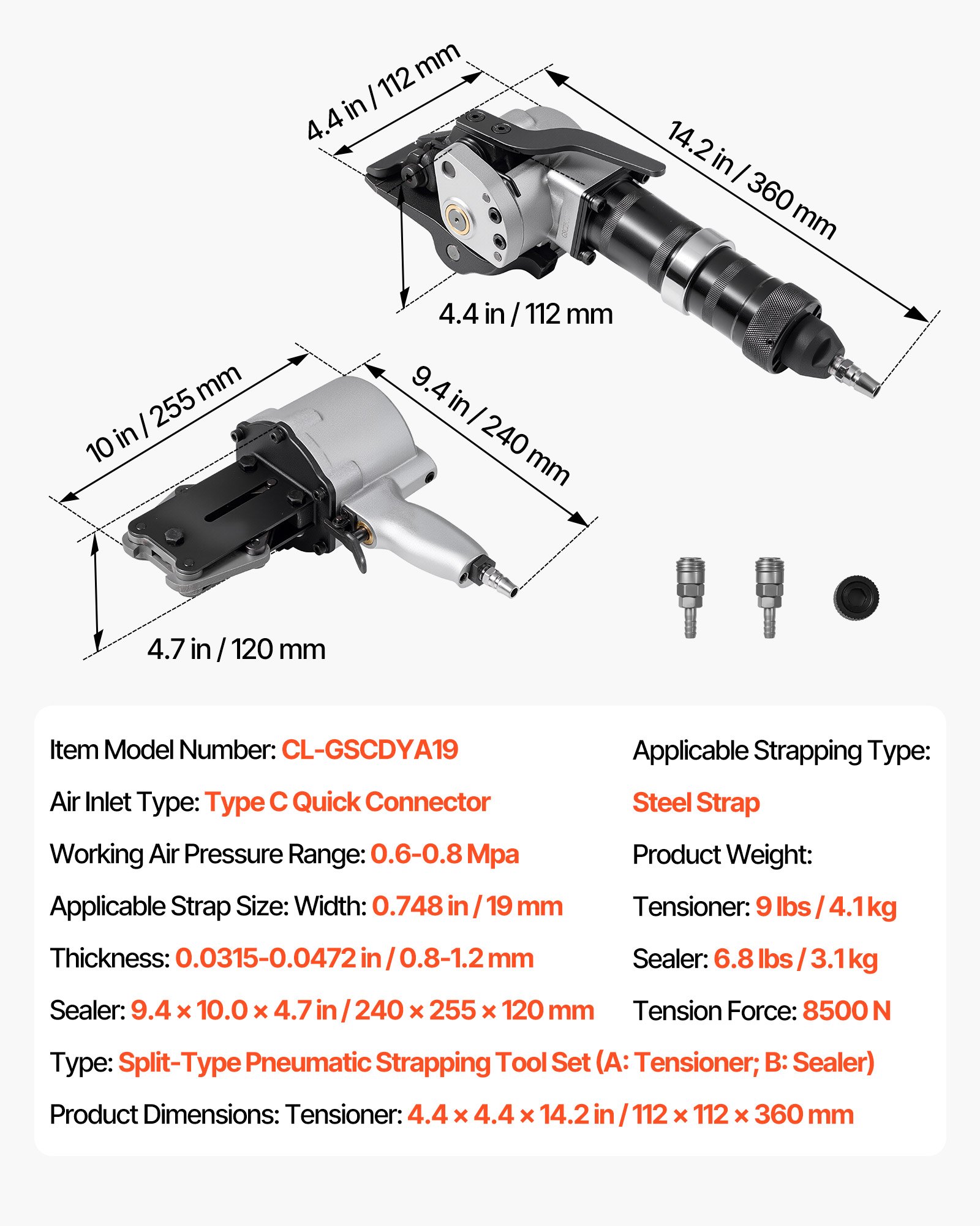 VEVOR Pneumatic Steel Strapping Machine, 8500 N Tension Force, Metal Strapping Tool Tensioner and Cutter Sealer for 19 mm Width Metal Belt, Heavy Duty Split Type Baler for High Tensile Packaging