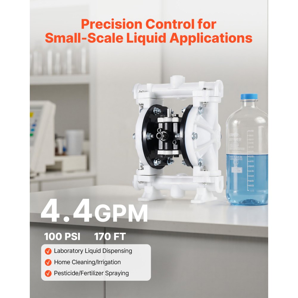 Bomba neumática de doble diafragma VEVOR, 4.4 GPM, entrada y salida de 1-1/2 pulgadas, bomba neumática para transferencia de aceite usado, máx. 100 PSI, cuerpo de polipropileno, para diésel, grasa, queroseno y gasolina.