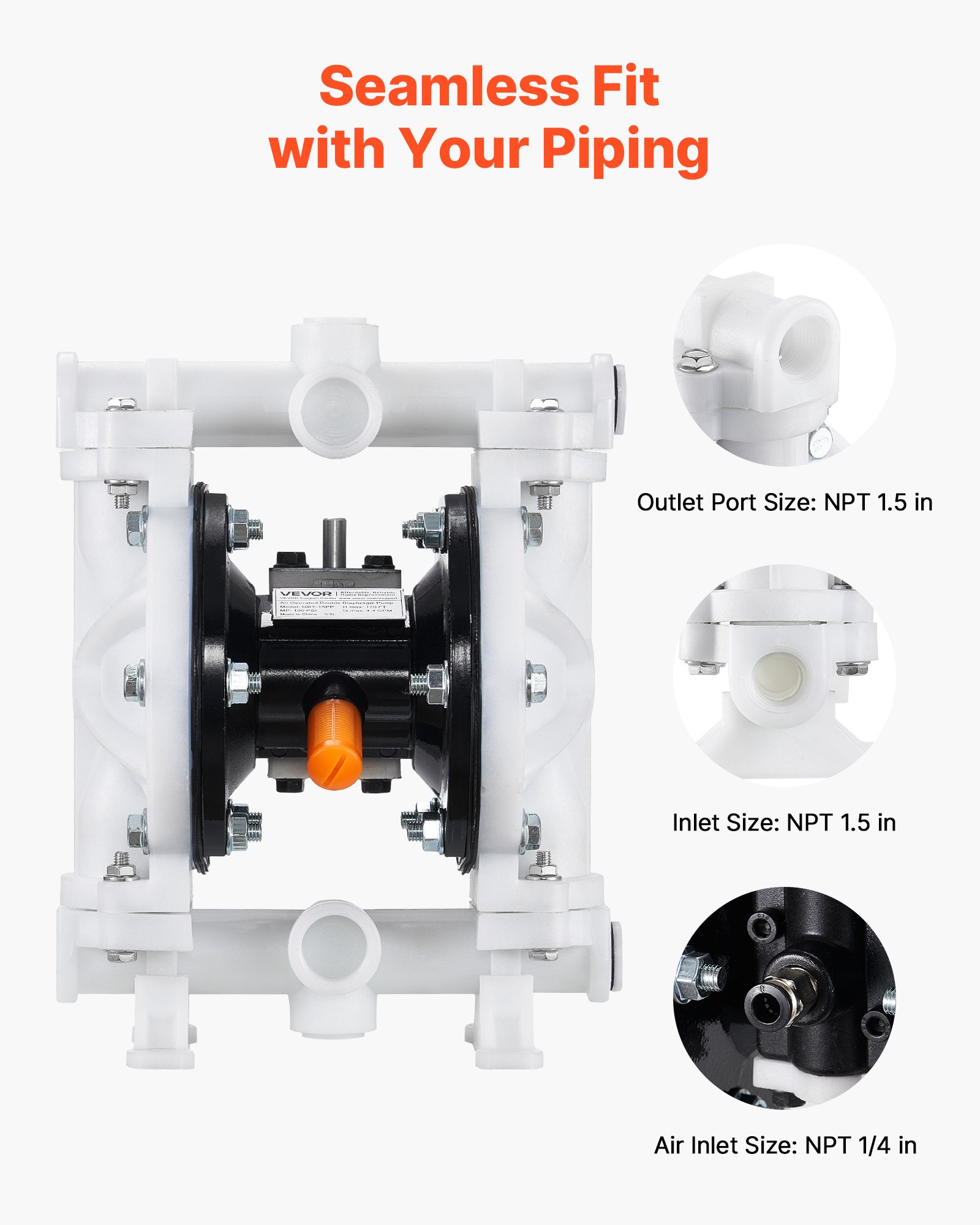 VEVOR Air Operated Double Diaphragm Pump, 16.66 LPM Max, Standard Inlet & Outlet Air Pneumatic Waste Oil Transfer Pump, Polypropylene Body, Dual Diaphragms, for Diesel, Grease, Kerosene, Gasoline
