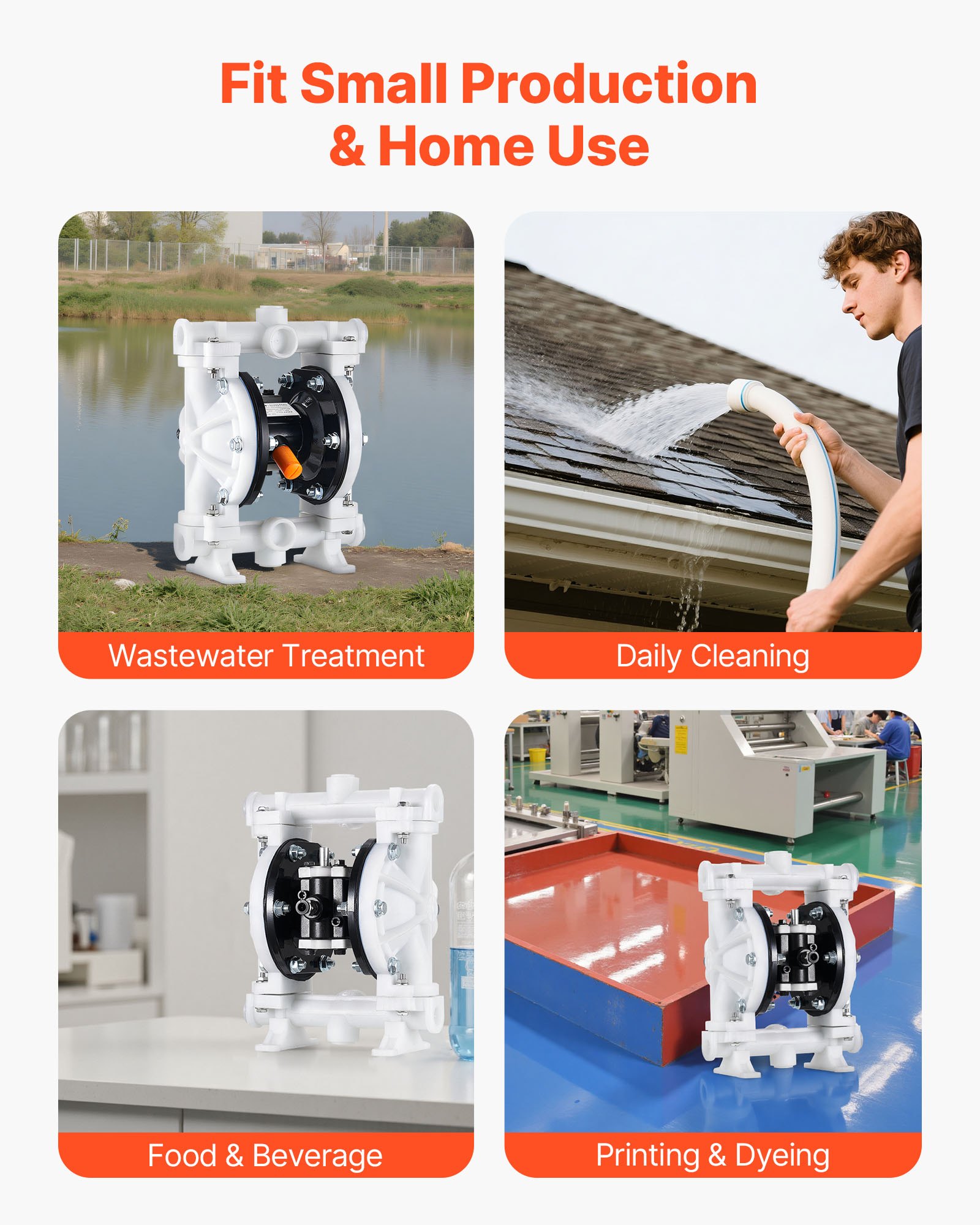 VEVOR Air Operated Double Diaphragm Pump, 16.66 LPM Max, Standard Inlet & Outlet Air Pneumatic Waste Oil Transfer Pump, Polypropylene Body, Dual Diaphragms, for Diesel, Grease, Kerosene, Gasoline