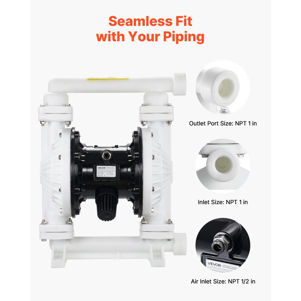 VEVOR Air Operated Double Diaphragm Pump, 94.64 LPM Max, Standard Inlet & Outlet Air Pneumatic Waste Oil Transfer Pump, Polypropylene Body, Dual Diaphragms, for Diesel, Grease, Kerosene, Gasoline