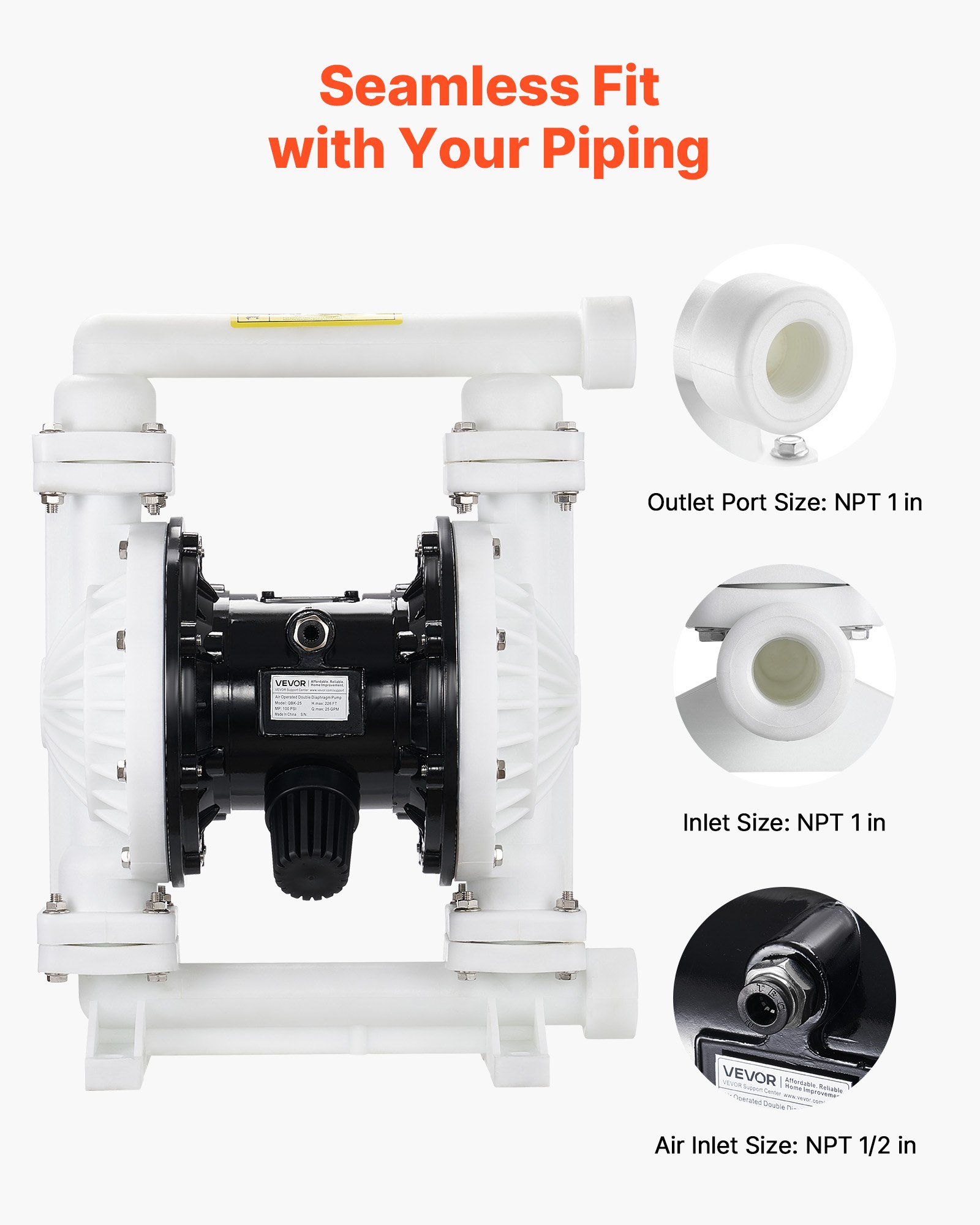 VEVOR Air Operated Double Diaphragm Pump, 25 GPM, 1 inch Inlet & Outlet Pneumatic Waste Oil Transfer Pump, Max 100 PSI, Polypropylene Body, Air-Operated for Diesel, Grease, Kerosene, Gasoline & Oil