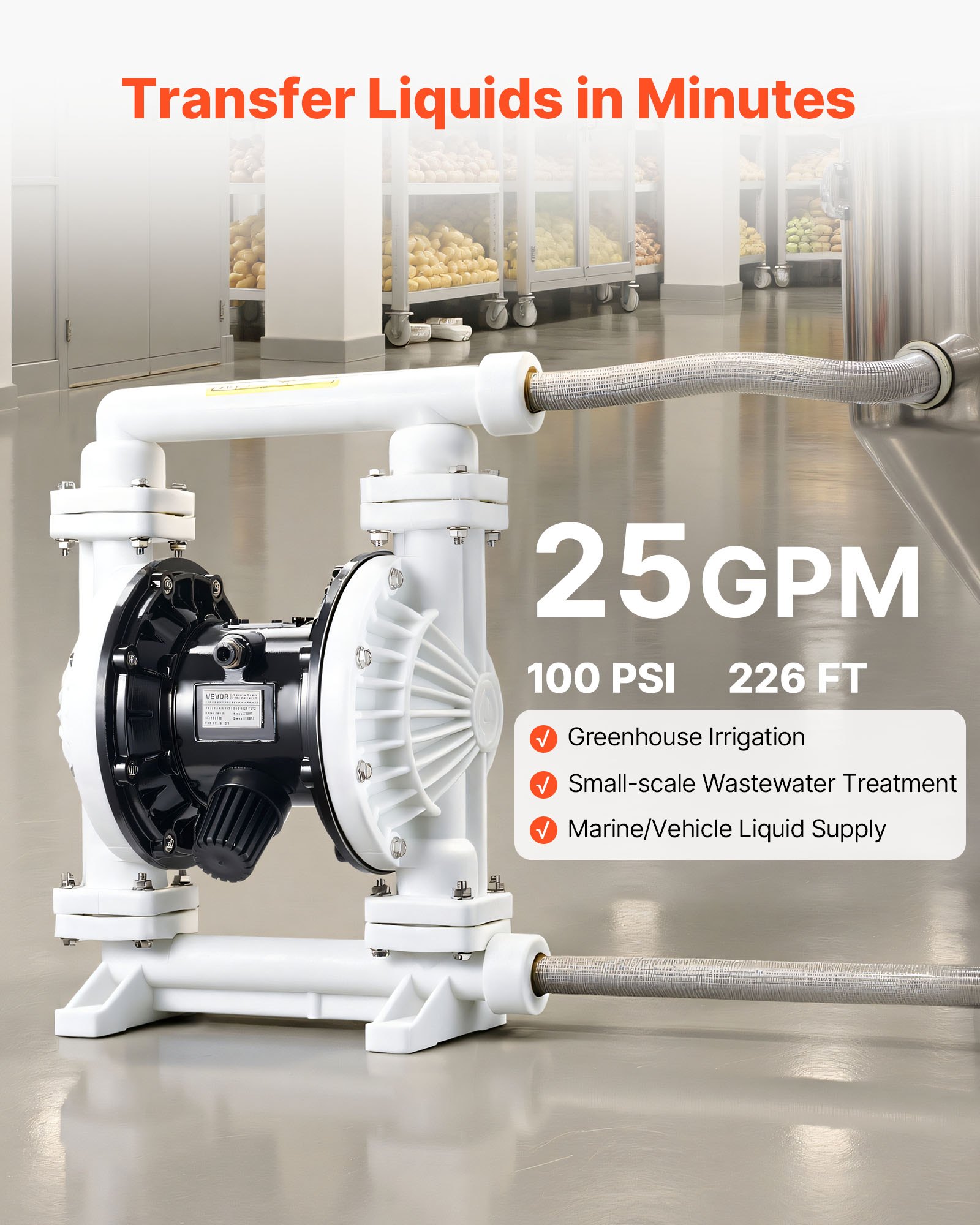 VEVOR Air Operated Double Diaphragm Pump, 94.64 LPM Max, Standard Inlet & Outlet Air Pneumatic Waste Oil Transfer Pump, Polypropylene Body, Dual Diaphragms, for Diesel, Grease, Kerosene, Gasoline
