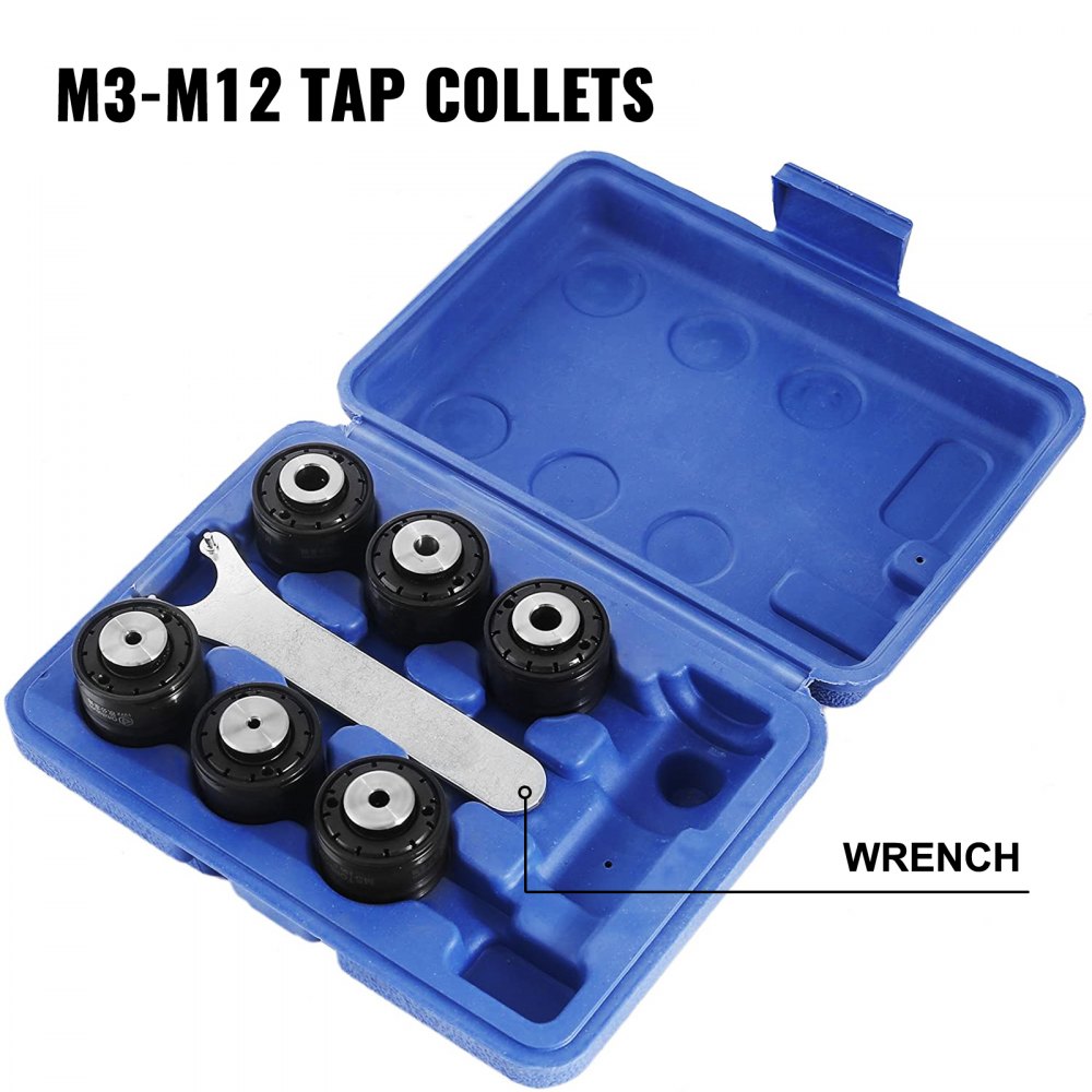 m3-m12 tap collets set with wrench in blue case for VEVOR pneumatic tapping machine.