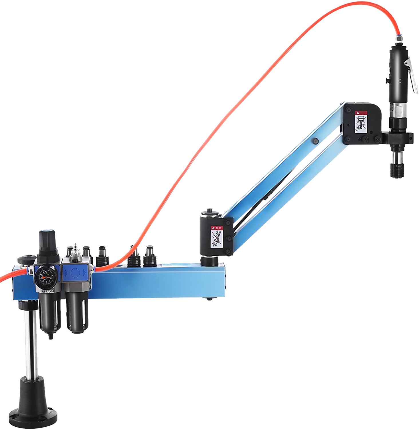 blue VEVOR pneumatic tapping machine with adjustable arm and red cable.