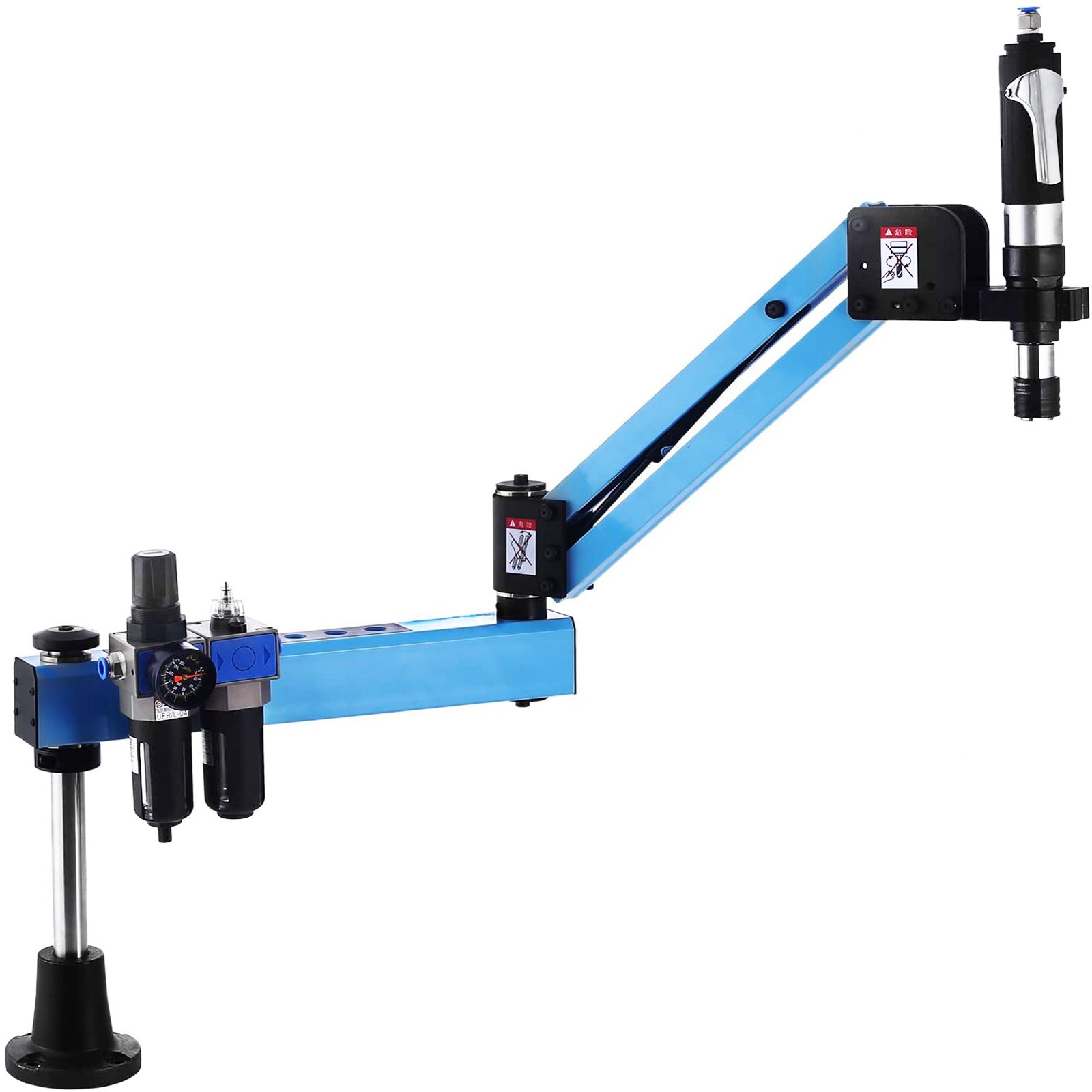 VEVOR pneumatic tapping machine with adjustable blue arm and control components.