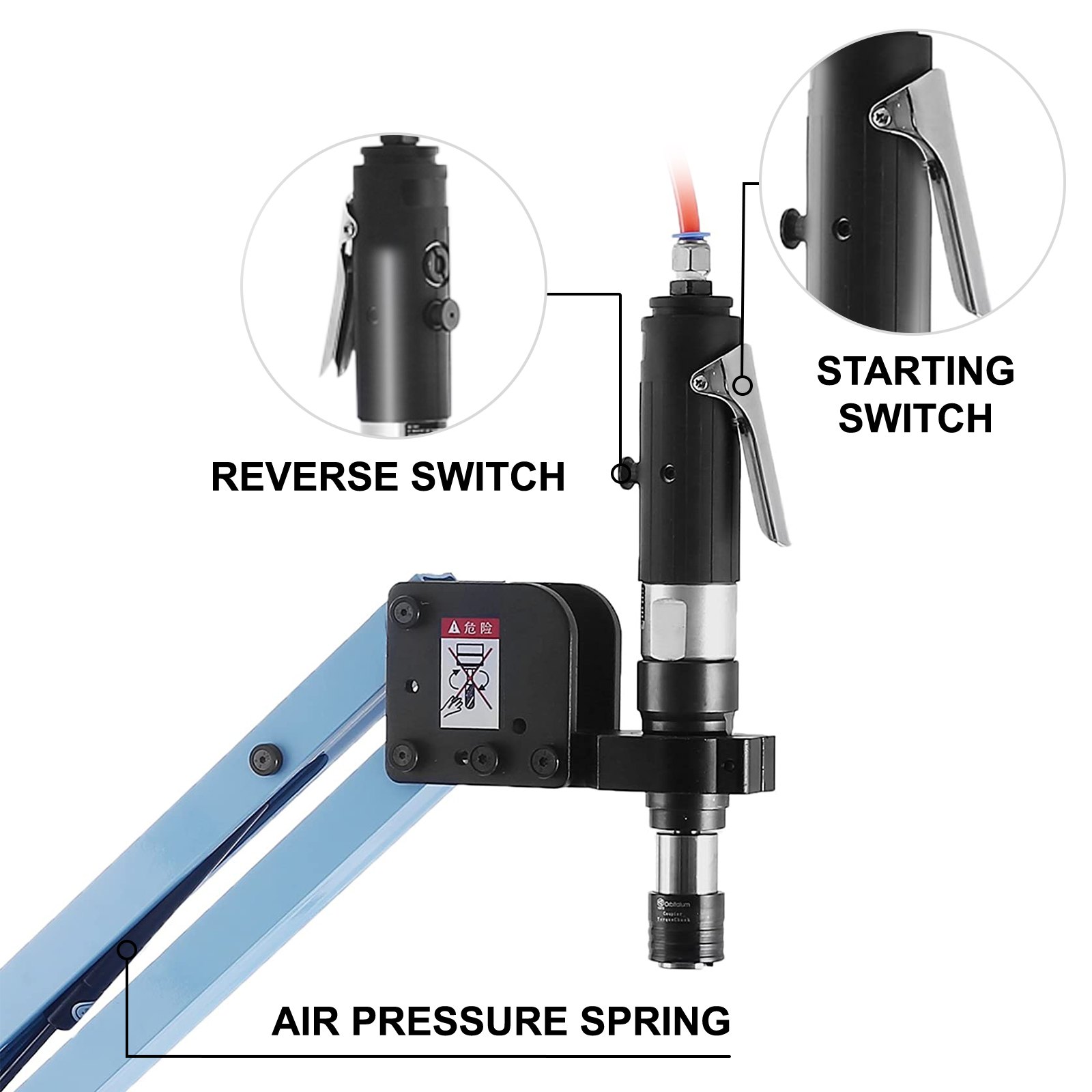 VEVOR pneumatic tapping machine showing reverse switch, starting switch, and air pressure spring.