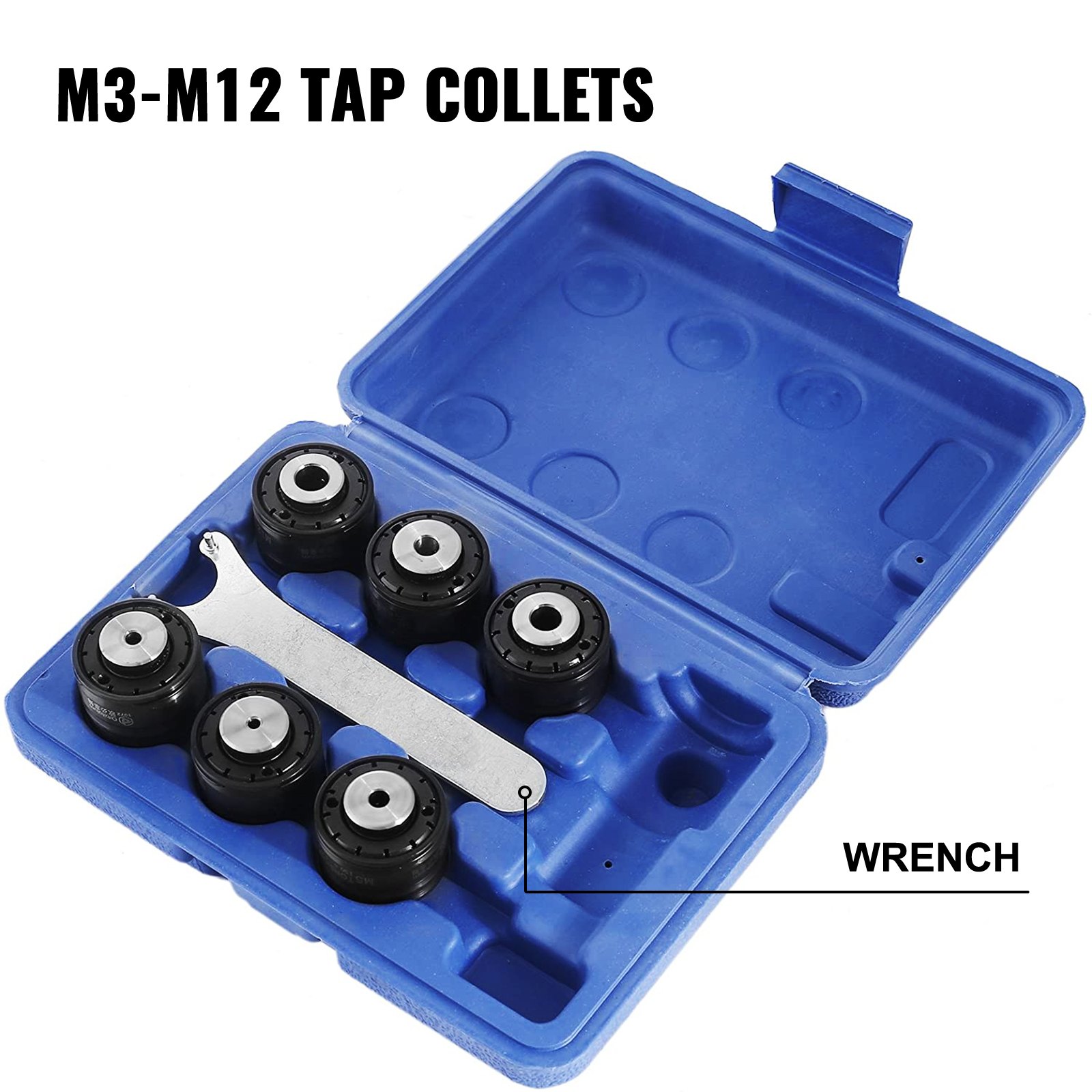 m3-m12 tap collets set with wrench in blue case for VEVOR pneumatic tapping machine.