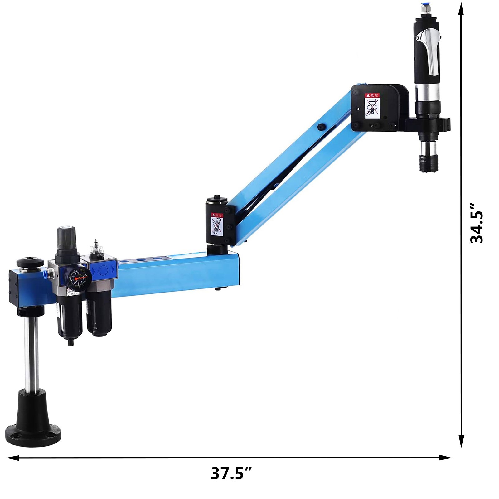 VEVOR pneumatic tapping machine with adjustable arm, 34.5&quot; height, and 37.5&quot; width.