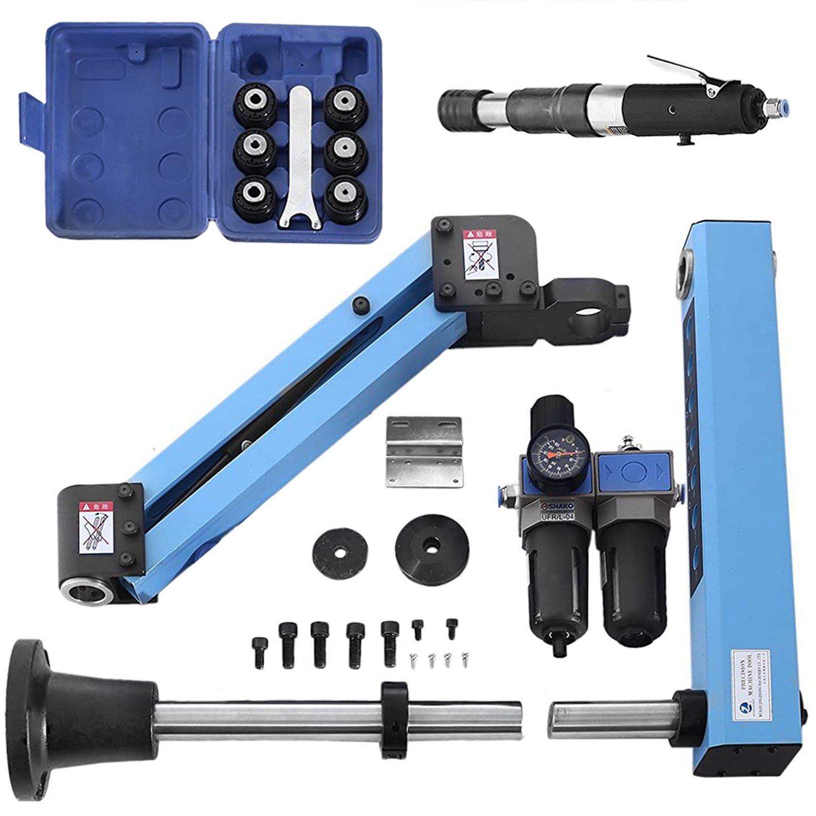 VEVOR pneumatic tapping machine with accessories and components on display.