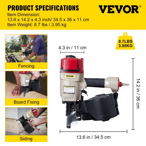 VEVOR Roofing Nail Gun CN80, Professional Coil Nailer from 2-Inch up to 3-1/4-Inch, Siding Nailer with Adjustable PC Magazine Coil Siding Nailer 15 Degree for Driving Roofing Nails Fast and Hard