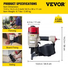 VEVOR Pneumatic Nail Gun CN80, Professional Coil Nailer Maximum Fastener Length 3-1/5", Siding Nailer with Adjustable PC Magazine Coil Siding Nailer 15 Degree for Wood Working Fast and Hard
