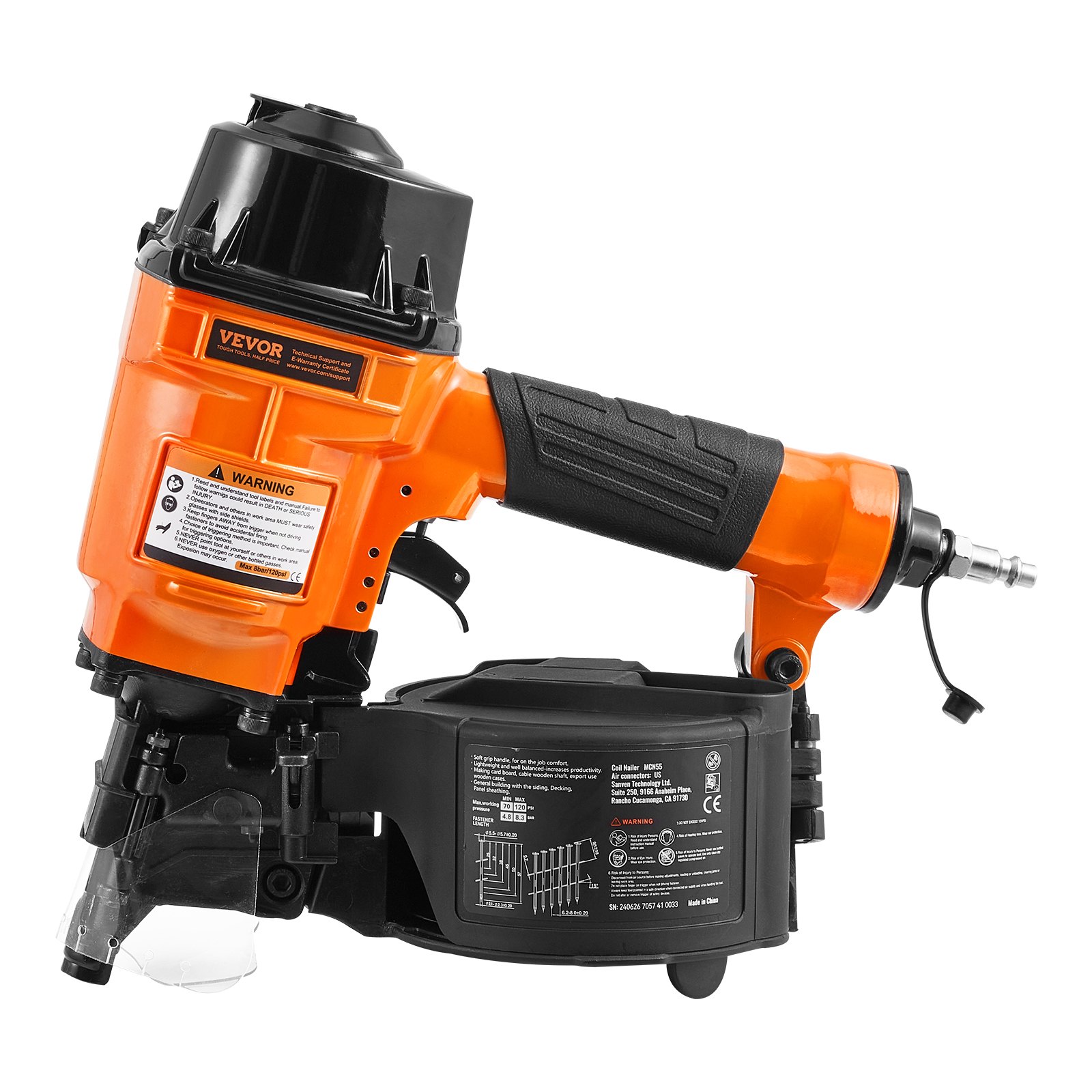 VEVOR Coil Siding Nailer MCN55, 1 inch to 2-1/4 inch 15 Degree Pneumatic Siding Nail Gun, 70-120PSI Air Coil Nailer for Siding, Pallet Sheathing, Fencing, Decking