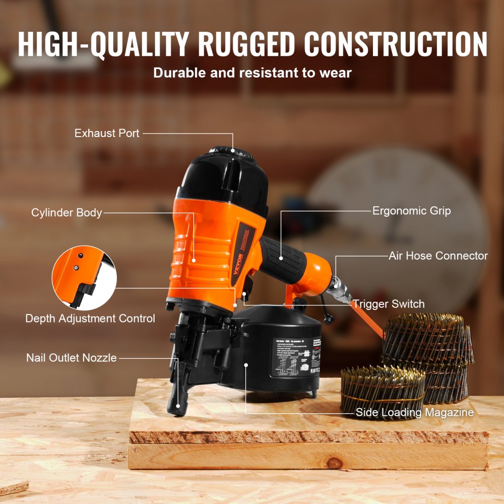 VEVOR Coil Siding Nailer CN65, 32mm to 63mm 15 Degree Pneumatic Siding Nail Gun with Tool-Less Depth Adjustment, 70-120PSI Air Coil Nailer for Siding, Pallet Sheathing, Wooding, Fencing, Decking