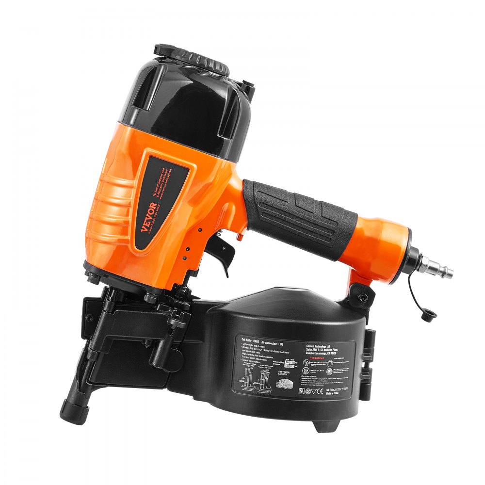 VEVOR Coil Siding Nailer CN65, 32mm to 63mm 15 Degree Pneumatic Siding Nail Gun with Tool-Less Depth Adjustment, 70-120PSI Air Coil Nailer for Siding, Pallet Sheathing, Wooding, Fencing, Decking