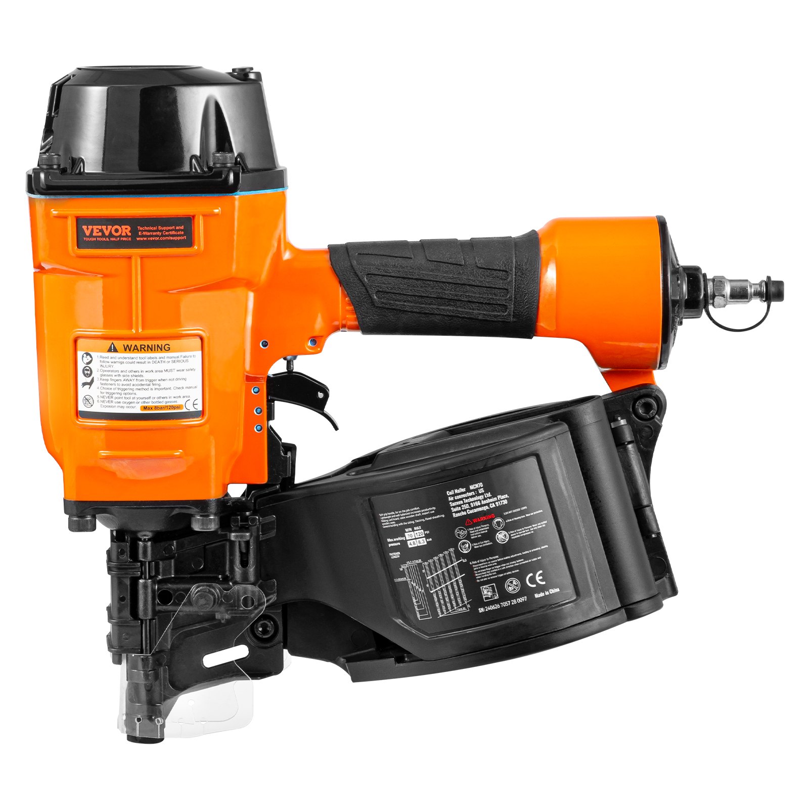 VEVOR MCN70 Coil Siding Nailer 1-3/4 to 2-3/4 inch 15 Degree Pneumatic Nail Gun