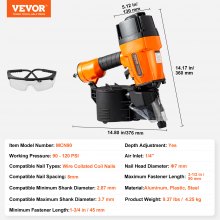 VEVOR MCN90 Pregador de estrutura de bobina 1-3/4" a 3-1/2" Pistola de pregos pneumática de 15 graus