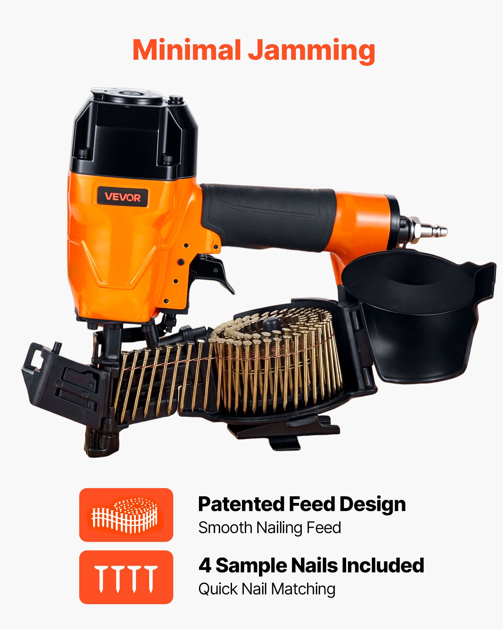VEVOR Roofing Nailer CN45C, 19mm to 45mm 15 Degree Air Roofing Nail Gun with Two Firing Modes & Tool-Free Depth Adjustment, 4.8-7.5 Bar Pneumatic Coil Nailer for Asphalt Shingles, Roof Sheathing