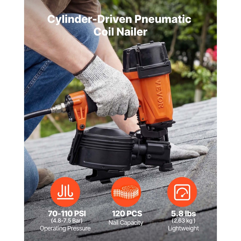 VEVOR Professional Roofing Nailer CN45N, 19mm to 45mm 15 Degree Air Roofing Nail Gun, 4–5 Nails/S Ultra-Fast Nailing, 4.8-7.5 Bar Pneumatic Coil Nailer for Asphalt Shingles, Roof Sheathing