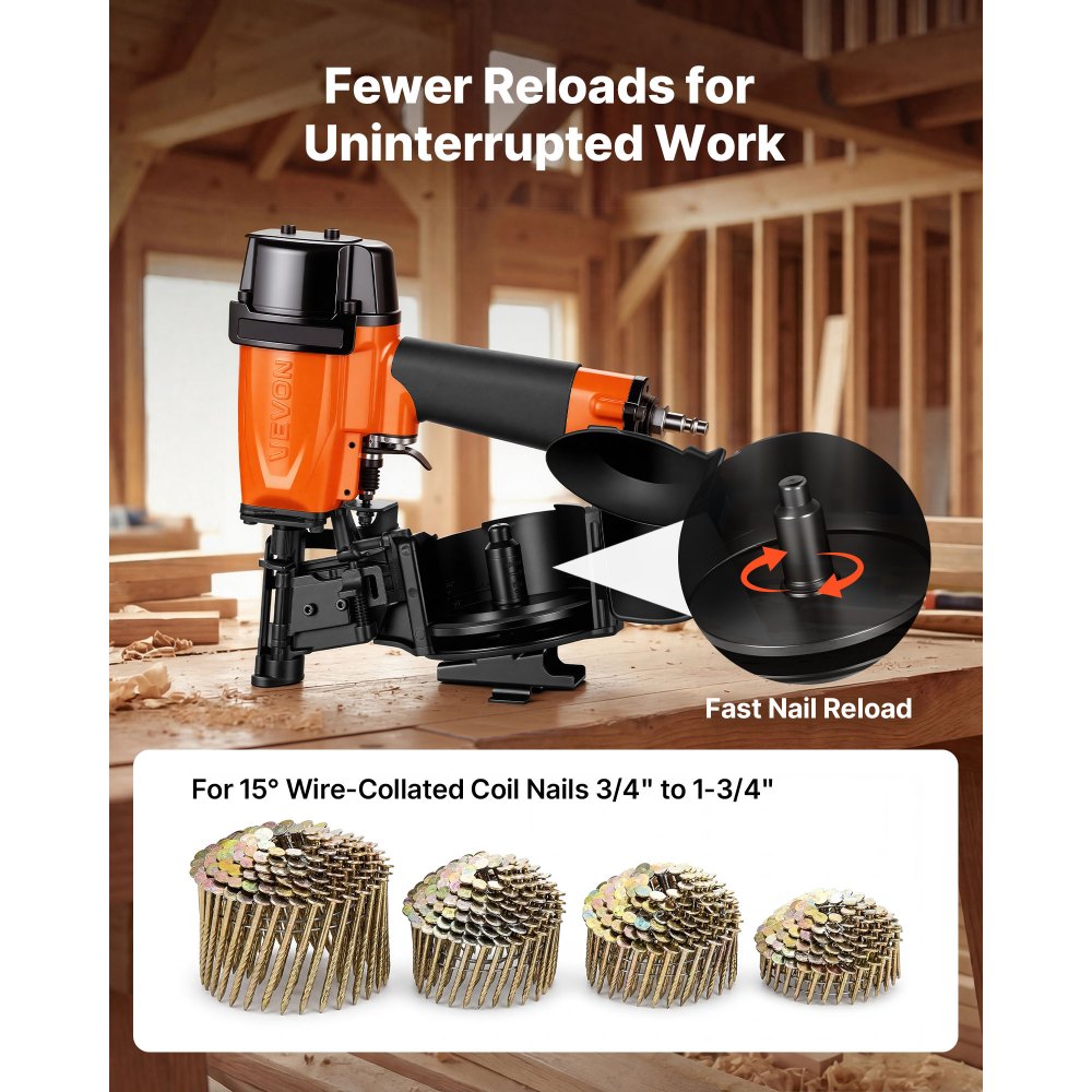 VEVOR Professional Roofing Nailer CN45N, 19mm to 45mm 15 Degree Air Roofing Nail Gun, 4–5 Nails/S Ultra-Fast Nailing, 4.8-7.5 Bar Pneumatic Coil Nailer for Asphalt Shingles, Roof Sheathing