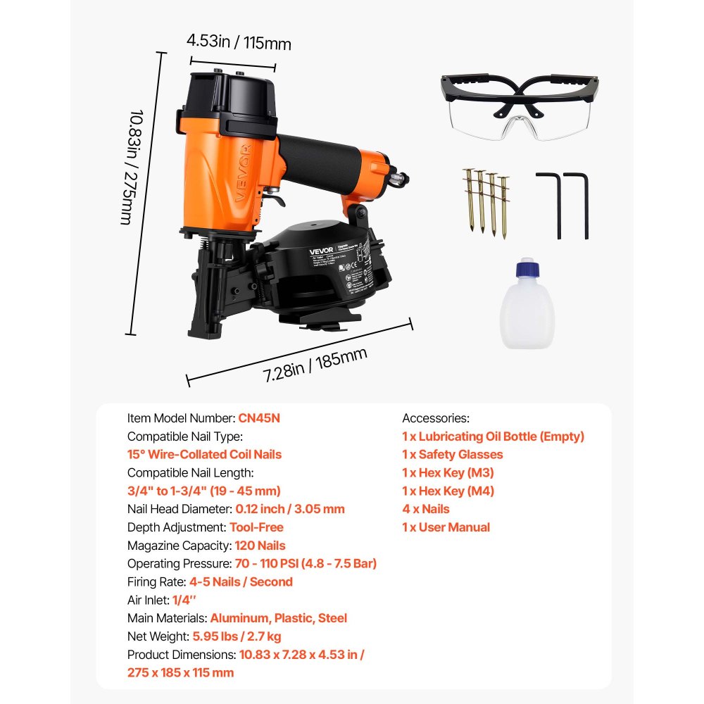 VEVOR Professional Roofing Nailer CN45N, 19mm to 45mm 15 Degree Air Roofing Nail Gun, 4–5 Nails/S Ultra-Fast Nailing, 4.8-7.5 Bar Pneumatic Coil Nailer for Asphalt Shingles, Roof Sheathing