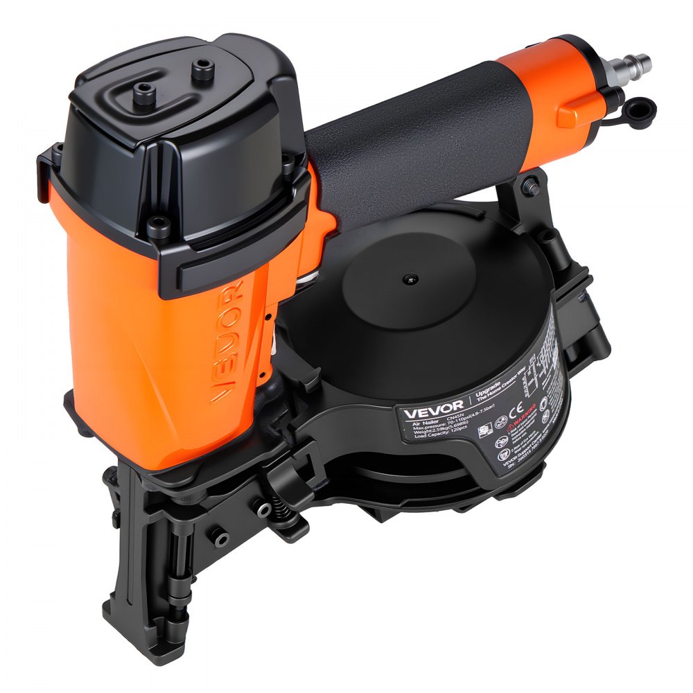 VEVOR Professional Roofing Nailer CN45N, 19mm to 45mm 15 Degree Air Roofing Nail Gun, 4–5 Nails/S Ultra-Fast Nailing, 4.8-7.5 Bar Pneumatic Coil Nailer for Asphalt Shingles, Roof Sheathing