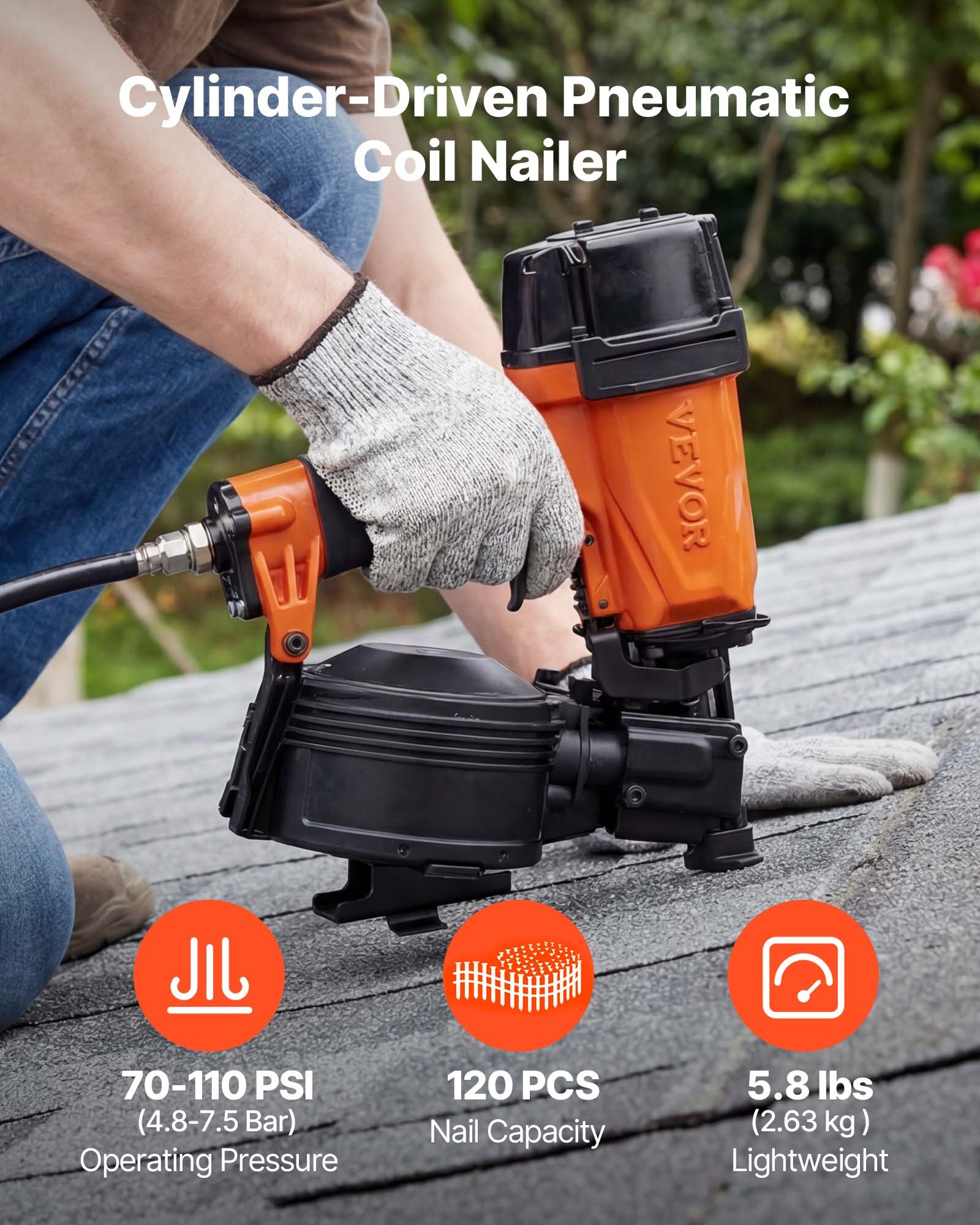 VEVOR Professional Roofing Nailer CN45N, 19mm to 45mm 15 Degree Air Roofing Nail Gun, 4–5 Nails/S Ultra-Fast Nailing, 4.8-7.5 Bar Pneumatic Coil Nailer for Asphalt Shingles, Roof Sheathing