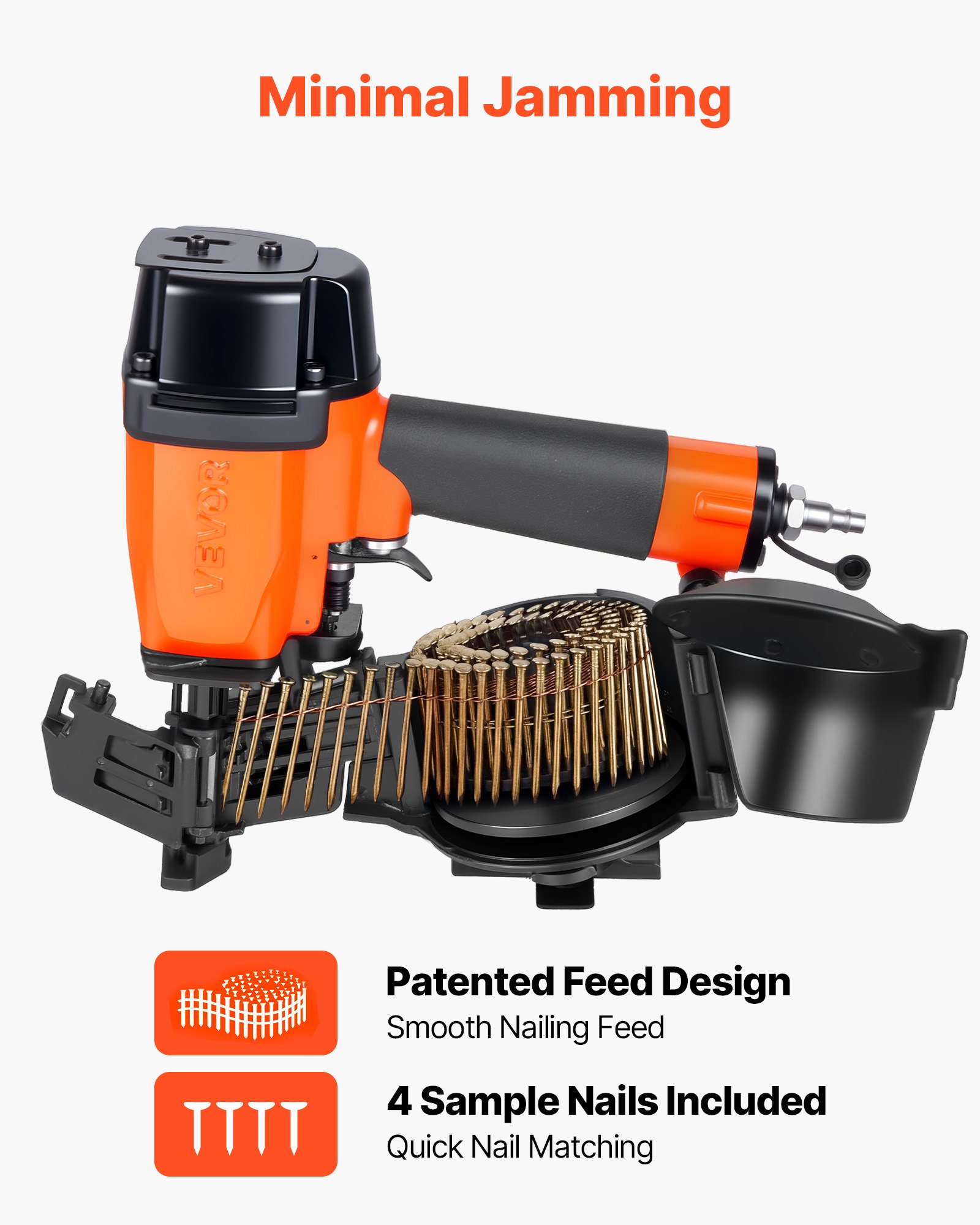 VEVOR Professional Roofing Nailer CN45N, 19mm to 45mm 15 Degree Air Roofing Nail Gun, 4–5 Nails/S Ultra-Fast Nailing, 4.8-7.5 Bar Pneumatic Coil Nailer for Asphalt Shingles, Roof Sheathing