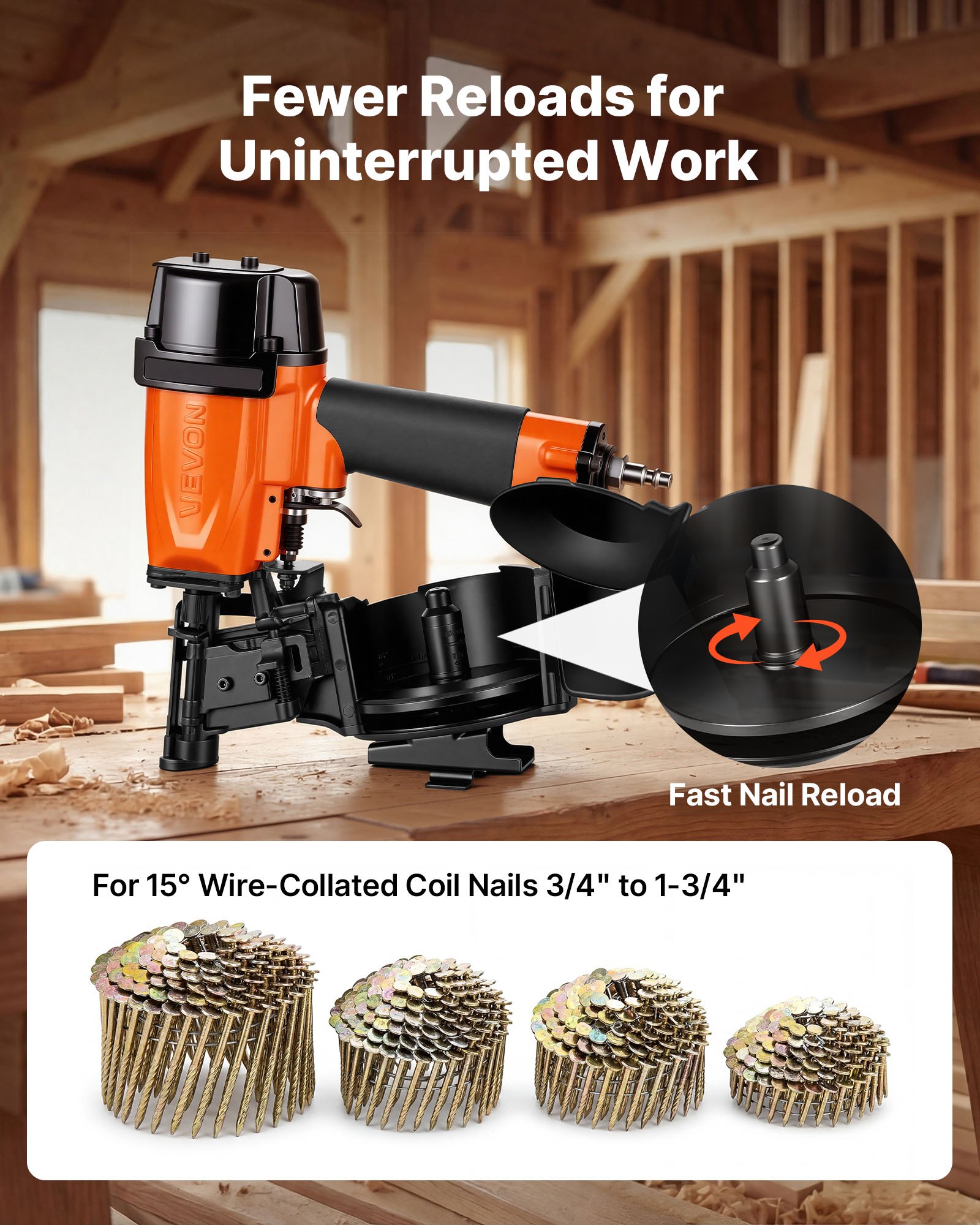 VEVOR Professional Roofing Nailer CN45N, 19mm to 45mm 15 Degree Air Roofing Nail Gun, 4–5 Nails/S Ultra-Fast Nailing, 4.8-7.5 Bar Pneumatic Coil Nailer for Asphalt Shingles, Roof Sheathing