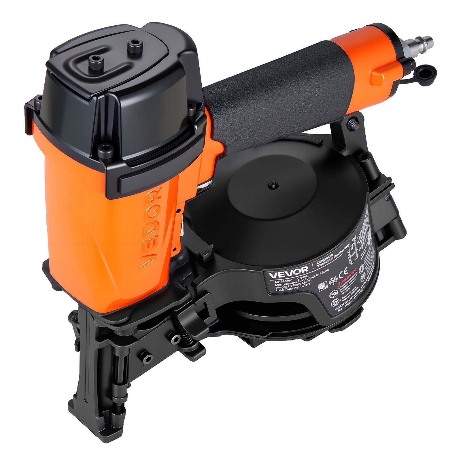 VEVOR Professional Roofing Nailer CN45N, 19mm to 45mm 15 Degree Air Roofing Nail Gun, 4–5 Nails/S Ultra-Fast Nailing, 4.8-7.5 Bar Pneumatic Coil Nailer for Asphalt Shingles, Roof Sheathing