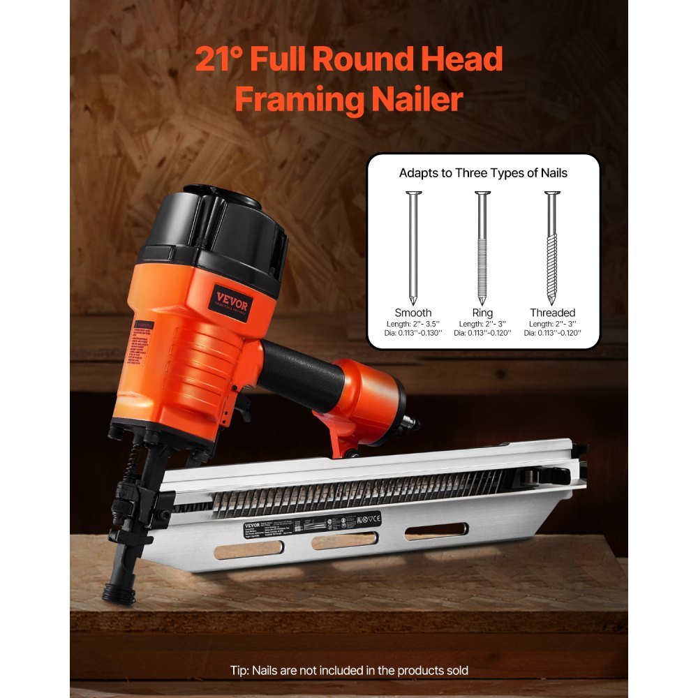 VEVOR Framing Nailer, 80-120PSI Air Nail Gun, 2" to 3-1/2" 21 Degree Full Round Head Pneumatic Framing Nailer with Tool-Less Depth Adjustment & Dual Trigger Modes, Ideal for Framing Decking Flooring