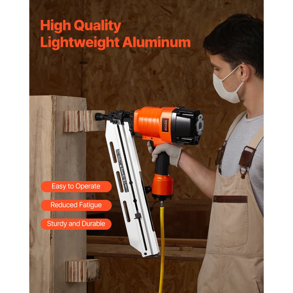 VEVOR Framing Nailer, 80-120PSI Air Nail Gun, 2" to 3-1/2" 21 Degree Full Round Head Pneumatic Framing Nailer with Tool-Less Depth Adjustment & Dual Trigger Modes, Ideal for Framing Decking Flooring