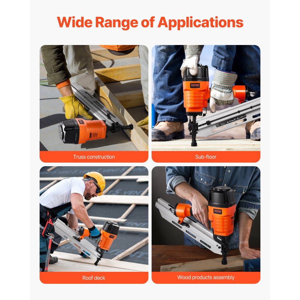 VEVOR Framing Nailer, 80-120PSI Air Nail Gun, 2" to 3-1/2" 21 Degree Full Round Head Pneumatic Framing Nailer with Tool-Less Depth Adjustment & Dual Trigger Modes, Ideal for Framing Decking Flooring