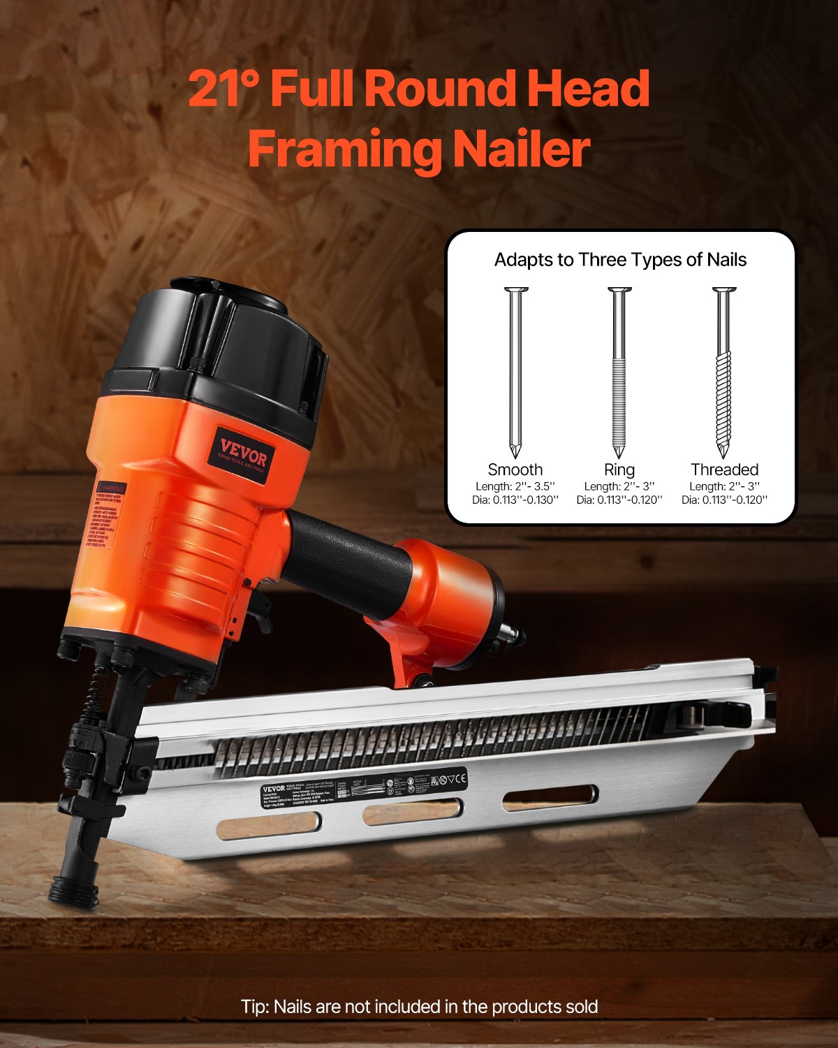 VEVOR Framing Nailer, 80-120PSI Air Nail Gun, 2" to 3-1/2" 21 Degree Full Round Head Pneumatic Framing Nailer with Tool-Less Depth Adjustment & Dual Trigger Modes, Ideal for Framing Decking Flooring