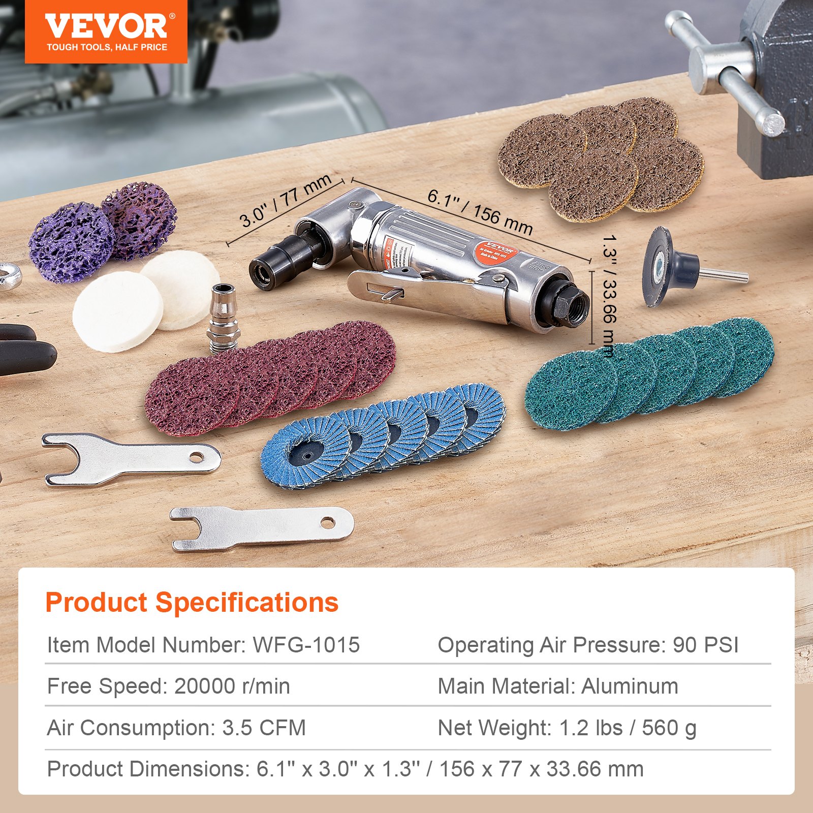 VEVOR Air Angle Die Grinder, 1/4" Right Angle Die Grinder (20000RPM), Heavy Duty 90-Degree Angled Air Powered, 24PCS Discs for Grinding, Polishing, Deburring, Rust Removal