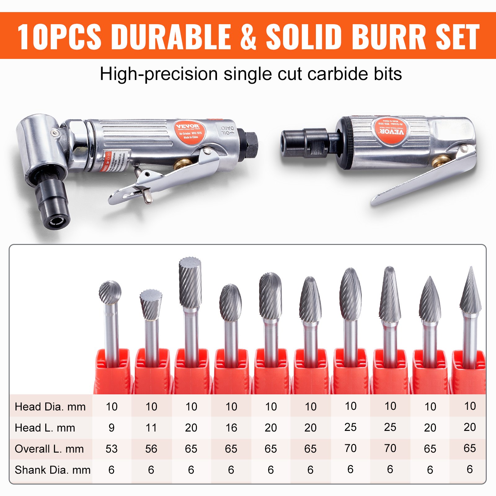 VEVOR Air Die Grinder Kit, Right Angle and Straight Die Grinder Combo, Heavy Duty Air Powered for Grinding, Polishing, Deburring, with 10PCS Carbide Burr Set