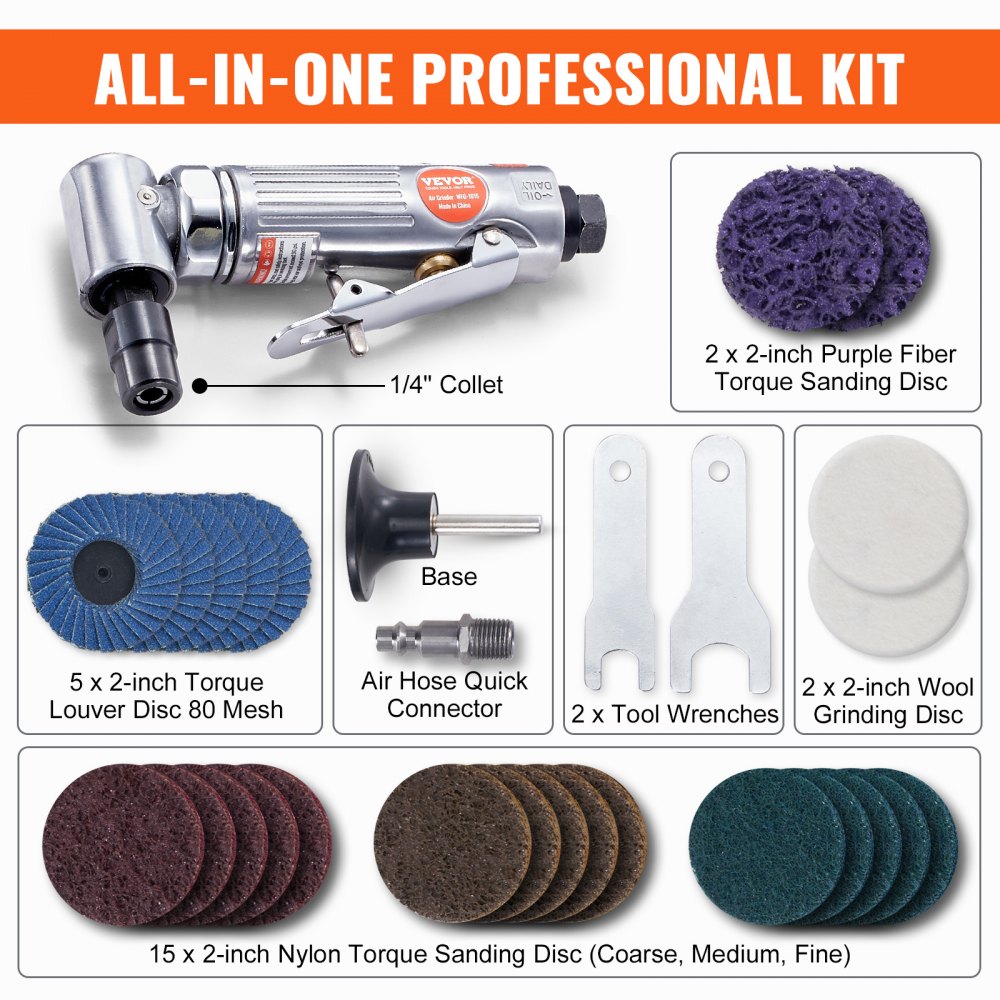 VEVOR Air Angle Die Grinder, 1/4" Right Angle Die Grinder 20000RPM, Heavy Duty, Lightweight, with 24PCS Discs for Grinding, Polishing, Deburring, Rust Removal