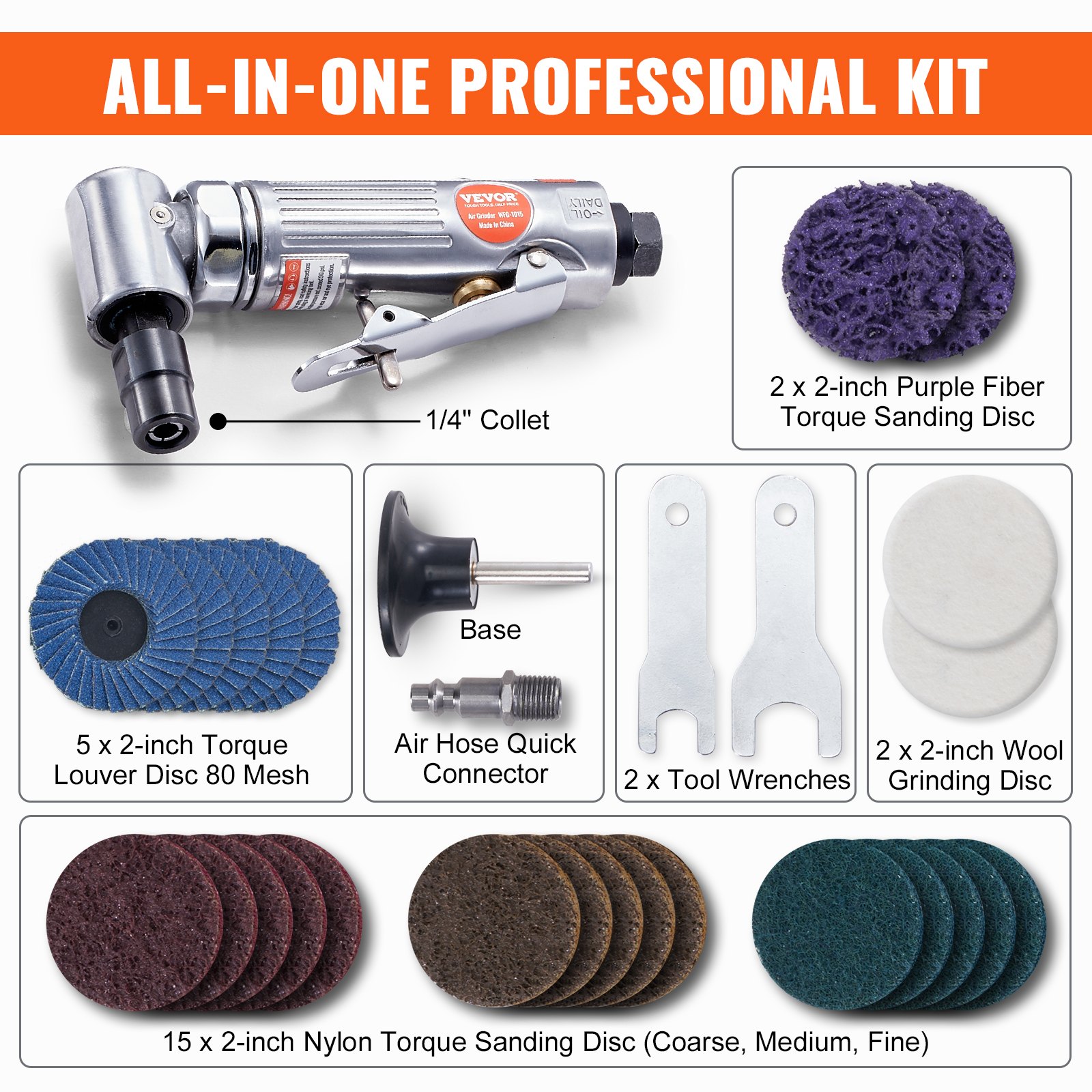 VEVOR Air Angle Die Grinder, 1/4" Right Angle Die Grinder 20000RPM, Heavy Duty, Lightweight, with 24PCS Discs for Grinding, Polishing, Deburring, Rust Removal