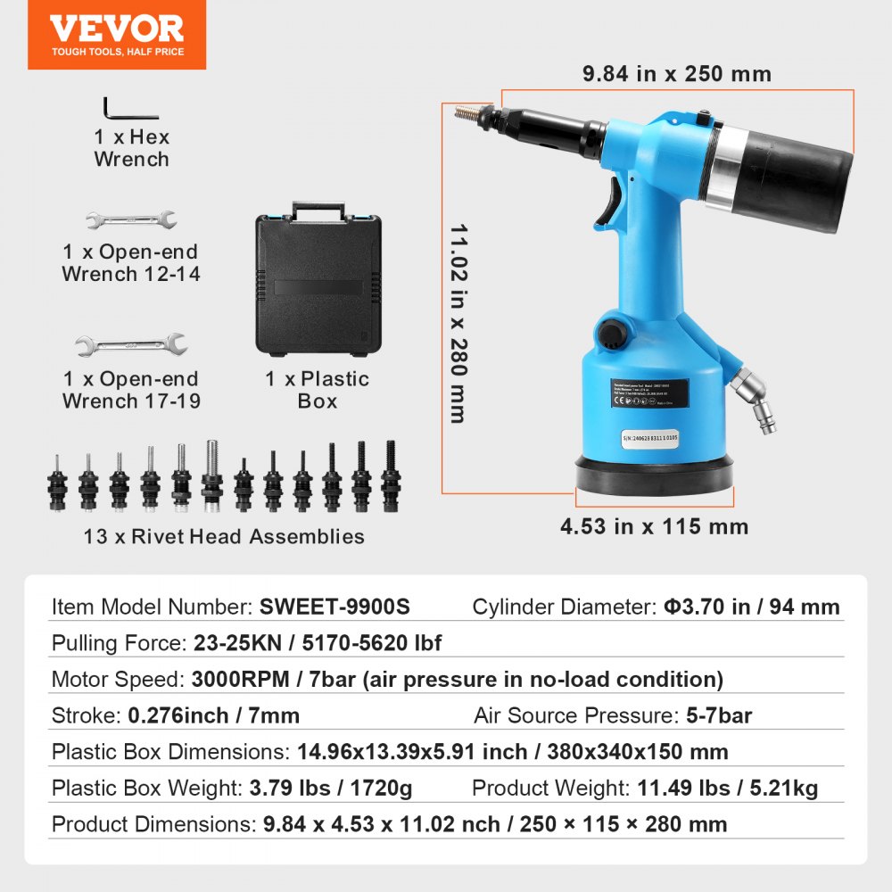 VEVOR Air Riveter, Pneumatic Air Riveter, 20.2KN Pulling Force Pop Rivet Gun Tool Kit, Heavy Duty Air Hydraulic Rivet Gun for Mechanic Tool, Construction, Home Improvement - With 13 Size Nose Pieces