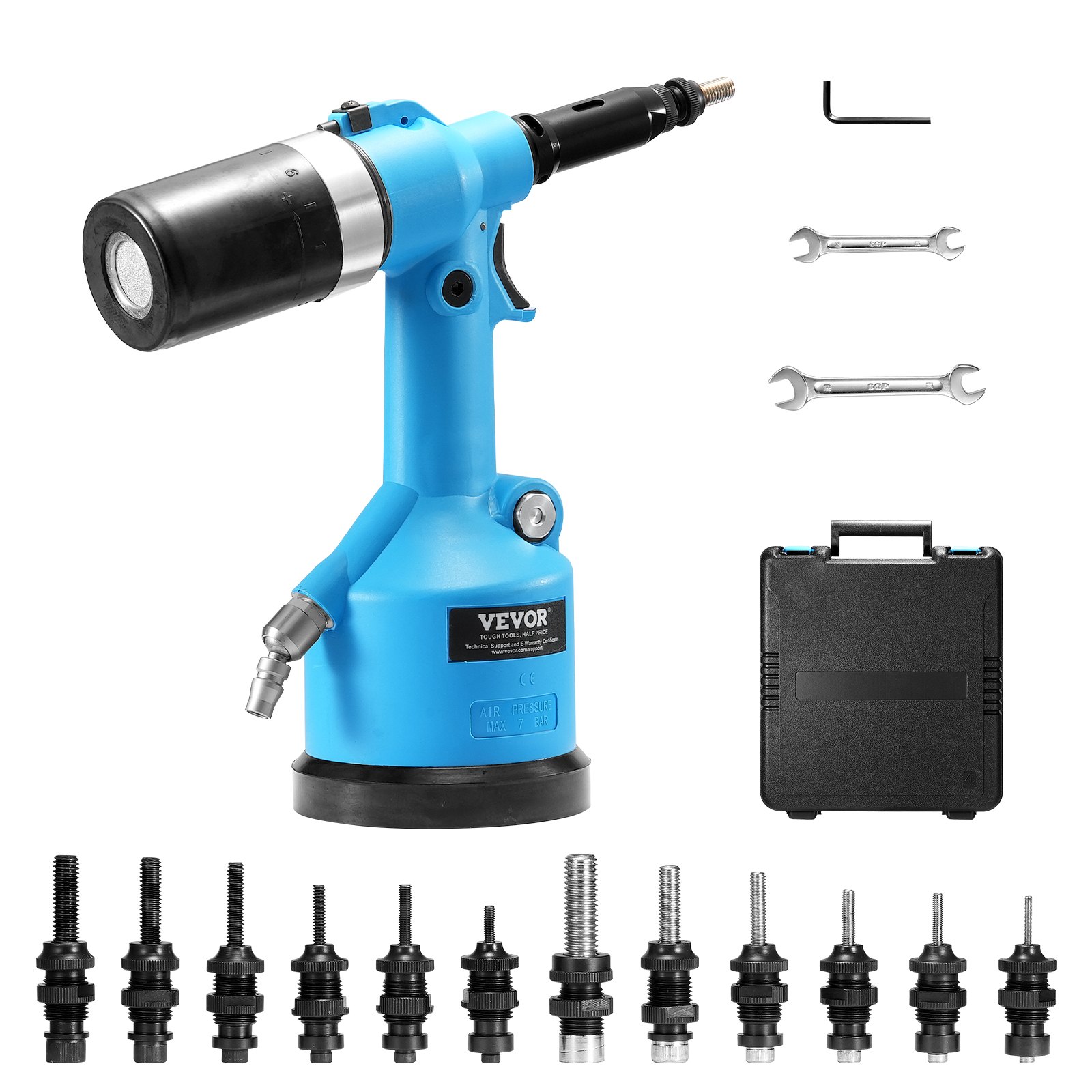 VEVOR Air Riveter, Pneumatic Air Riveter, 20.2KN Pulling Force Pop Rivet Gun Tool Kit, Heavy Duty Air Hydraulic Rivet Gun for Mechanic Tool, Construction, Home Improvement - With 13 Size Nose Pieces