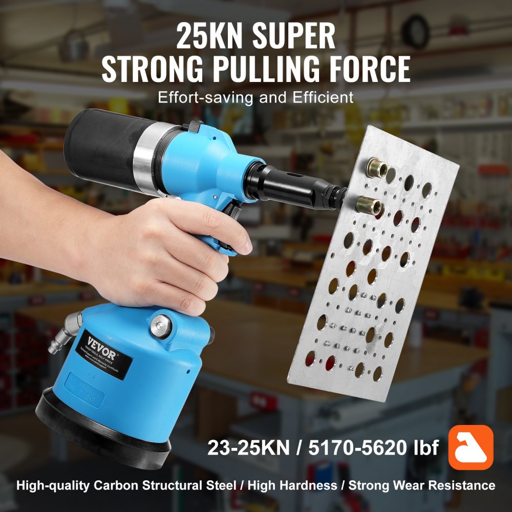 VEVOR Air Riveter, Pneumatic Air Riveter, 20.2KN Pulling Force Pop Rivet Gun Tool Kit, Heavy Duty Air Hydraulic Rivet Gun for Mechanic Tool, Construction, Home Improvement - With 13 Size Nose Pieces