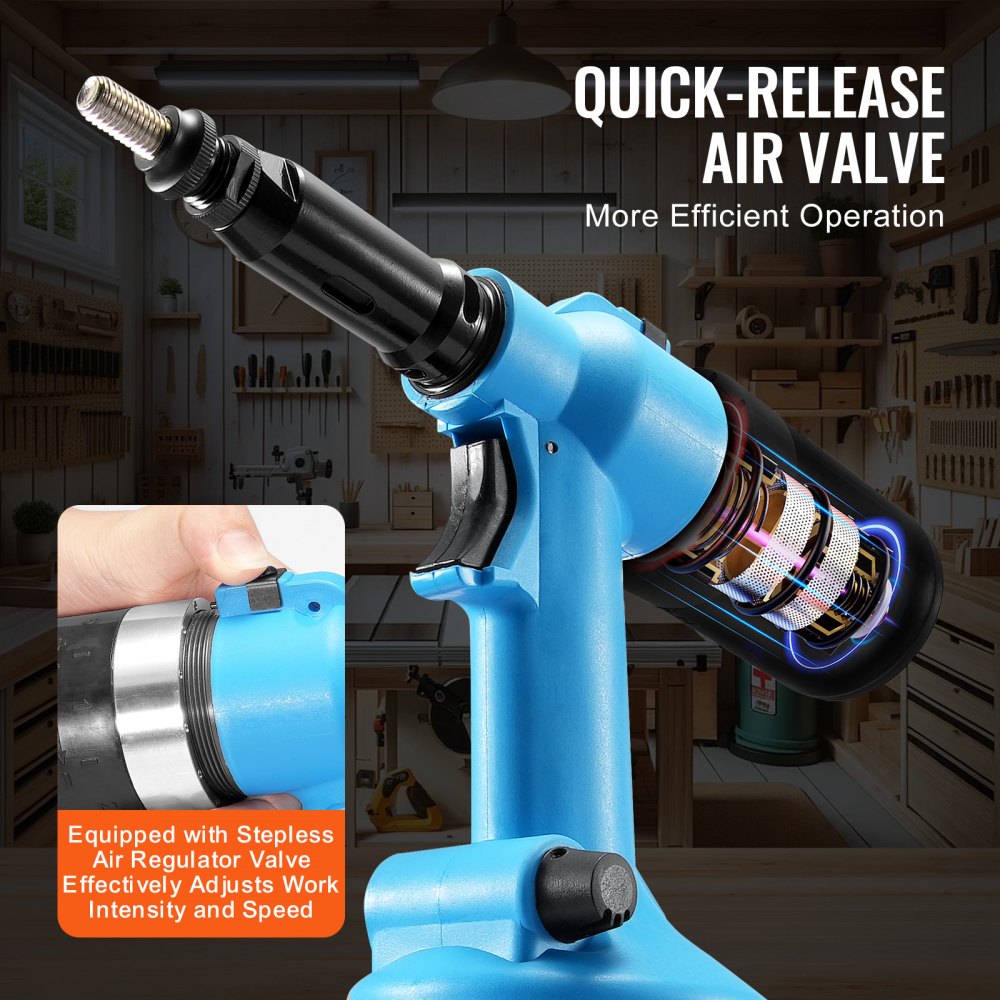 VEVOR Air Riveter, Pneumatic Air Riveter, 20.2KN Pulling Force Pop Rivet Gun Tool Kit, Heavy Duty Air Hydraulic Rivet Gun for Mechanic Tool, Construction, Home Improvement - With 13 Size Nose Pieces
